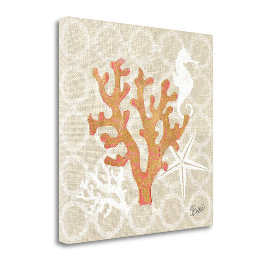 HomeRoots 25" Orange Beach Coral on Linen Giclee Print on Gallery Wrap Canvas Wall Art