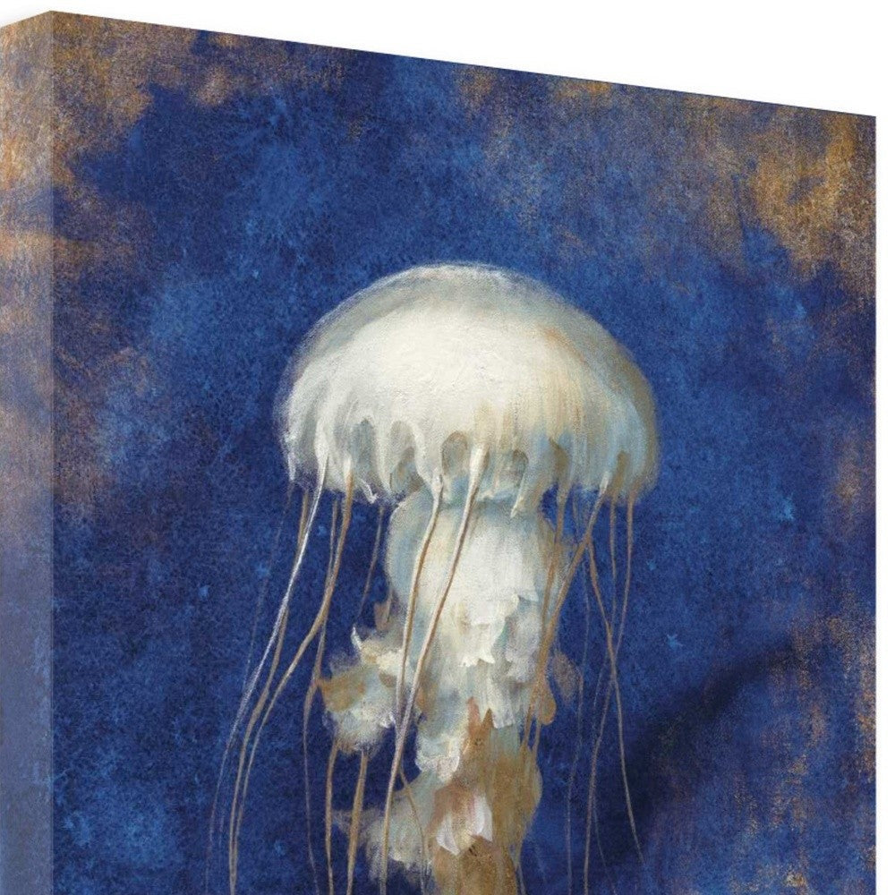 HomeRoots 25" Rustic Deep Blue and Gold Jelly Fish Giclee Wrap Canvas Wall Art