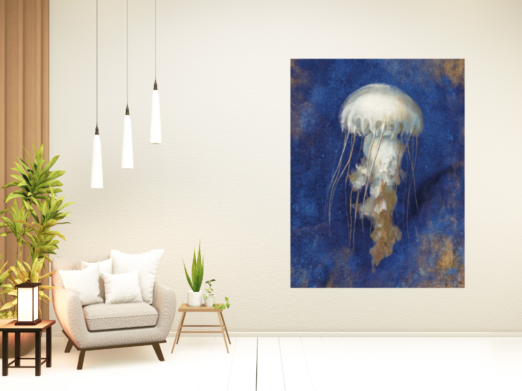 HomeRoots 25" Rustic Deep Blue and Gold Jelly Fish Giclee Wrap Canvas Wall Art