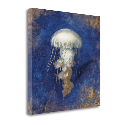 HomeRoots 25" Rustic Deep Blue and Gold Jelly Fish Giclee Wrap Canvas Wall Art