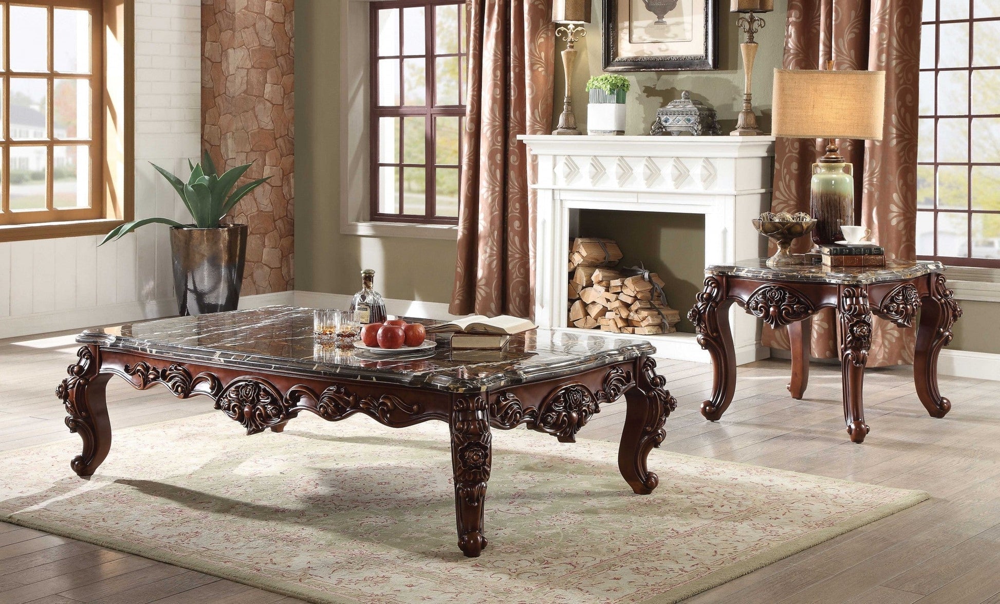 HomeRoots 25" Walnut And Brown Faux Marble Mirrored End Table