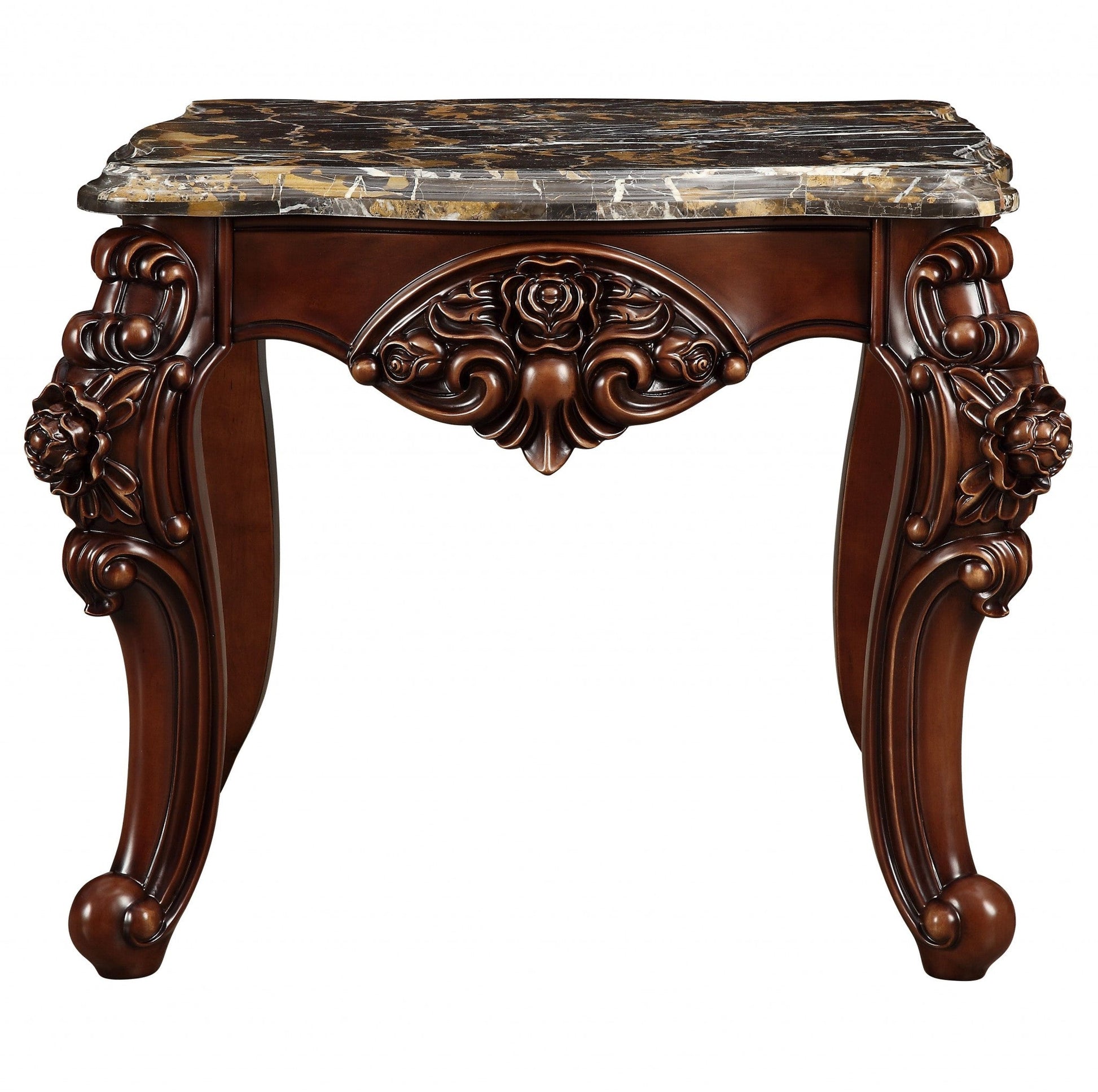 HomeRoots 25" Walnut And Brown Faux Marble Mirrored End Table