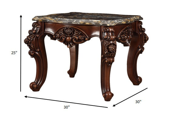 HomeRoots 25" Walnut And Brown Faux Marble Mirrored End Table
