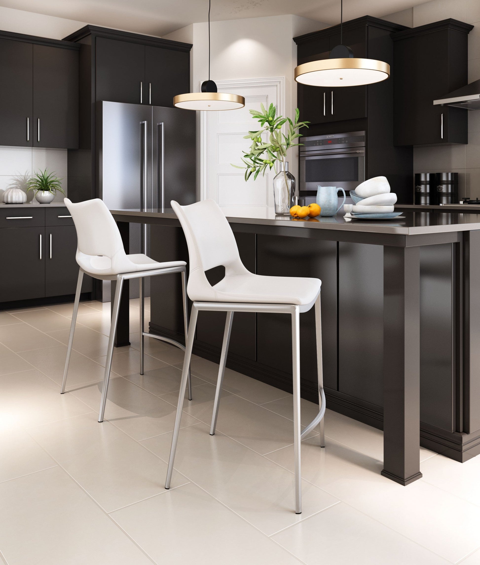 HomeRoots 25" White And Silver Steel Low Back Counter Height Bar Chairs in Set of Two