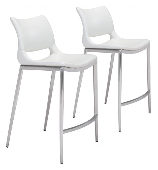 HomeRoots 25" White And Silver Steel Low Back Counter Height Bar Chairs in Set of Two
