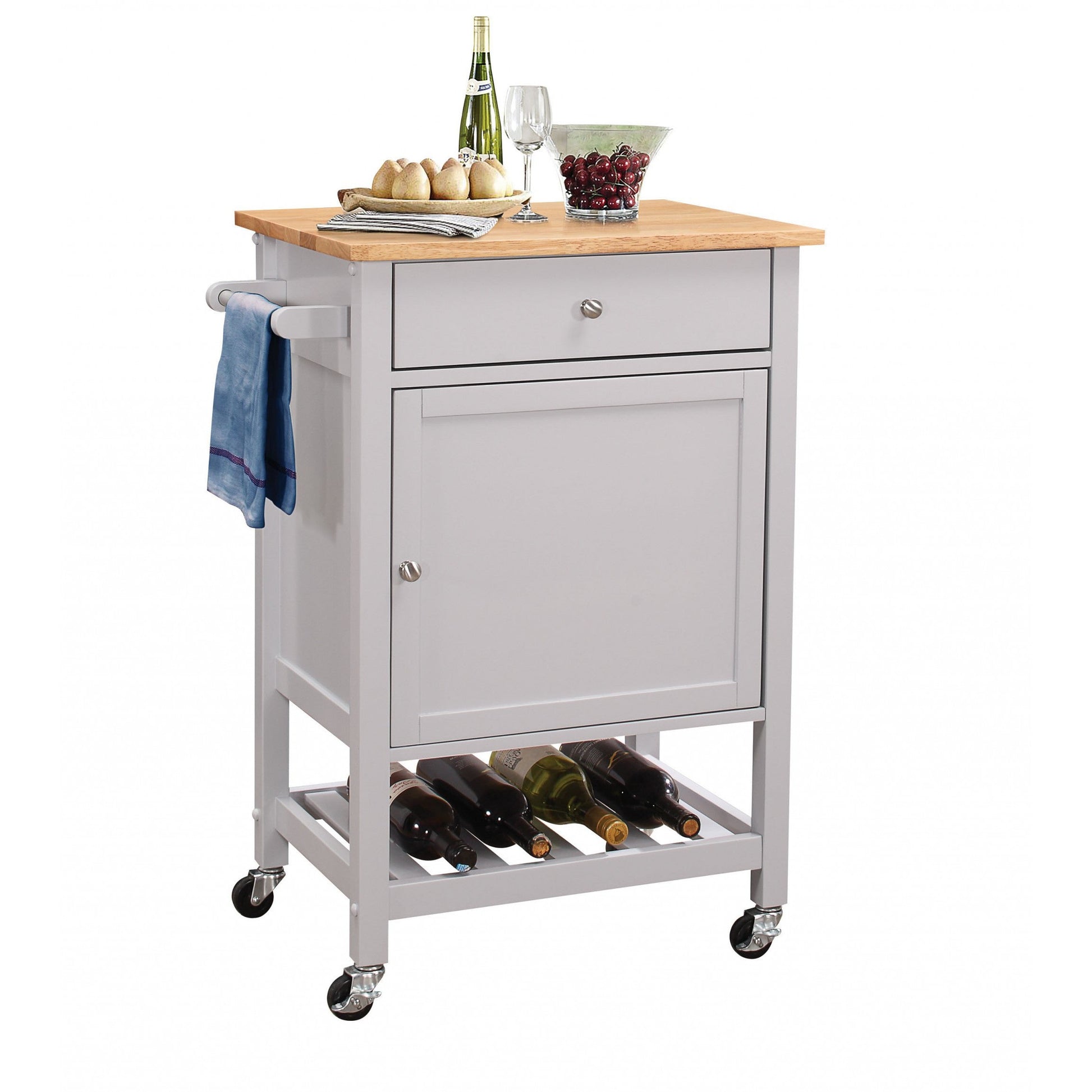 HomeRoots 25" x 17" x 34" Natural And Gray Rubber Wood Kitchen Cart