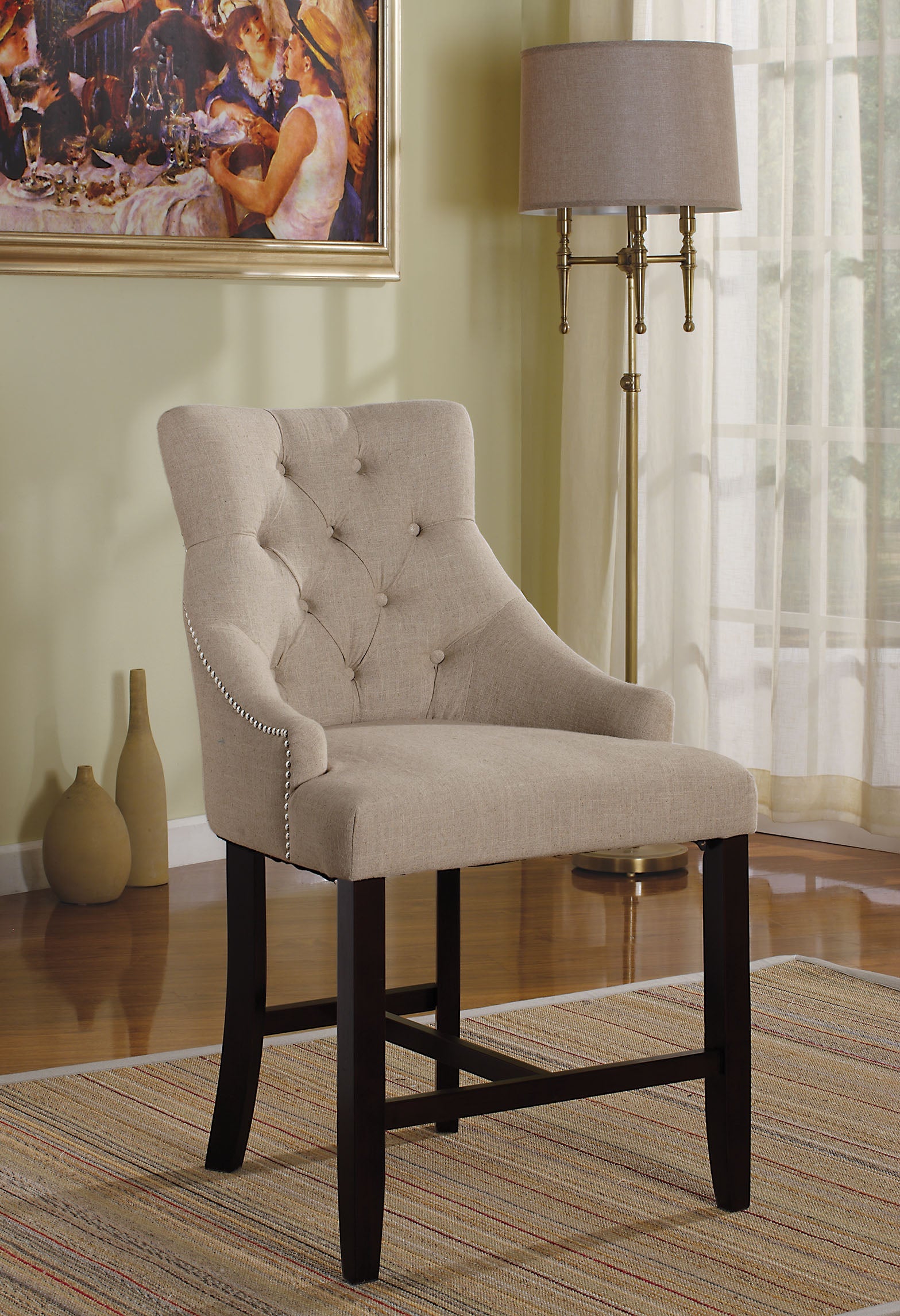 HomeRoots 25' x 27' x 41' 2-Piece Cream Fabric And Walnut Counter Height Chair