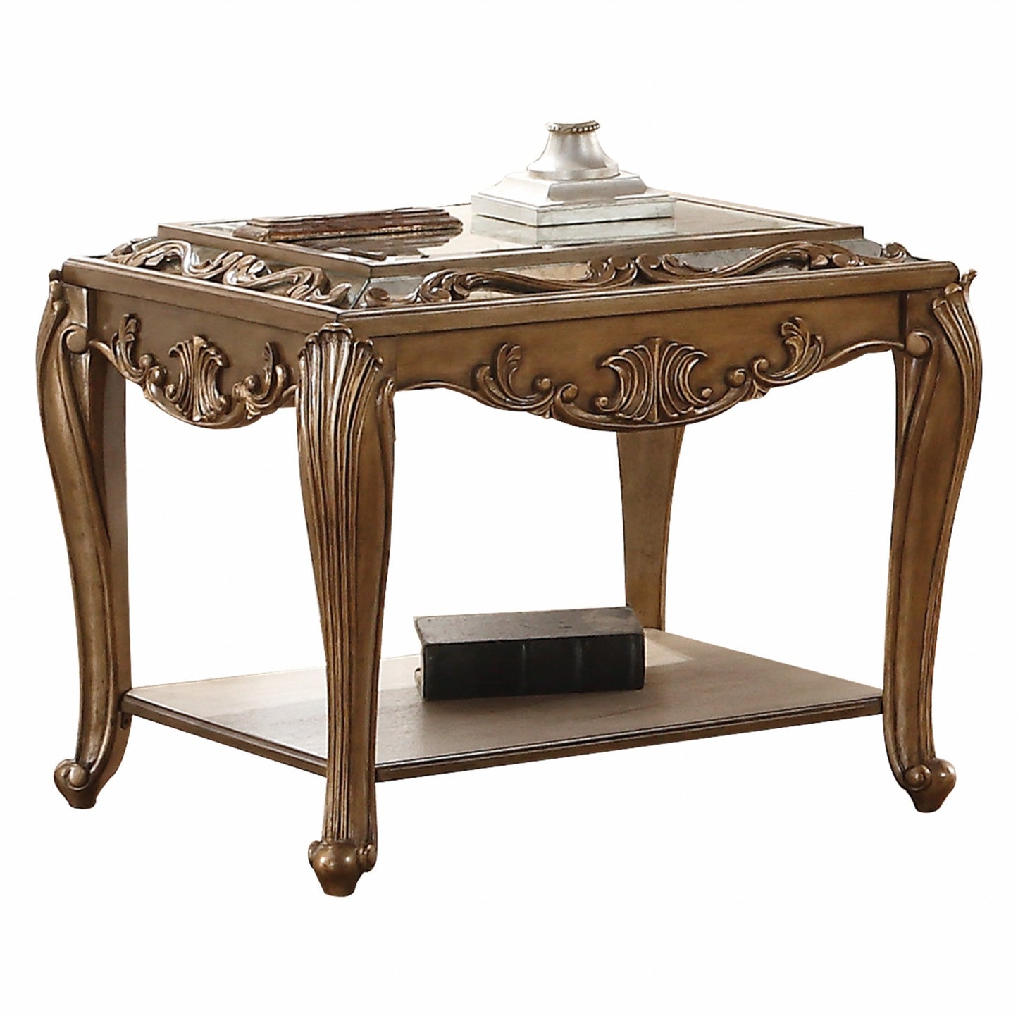 HomeRoots 25" x 30" x 27" Mirrored And Antique Gold End Table