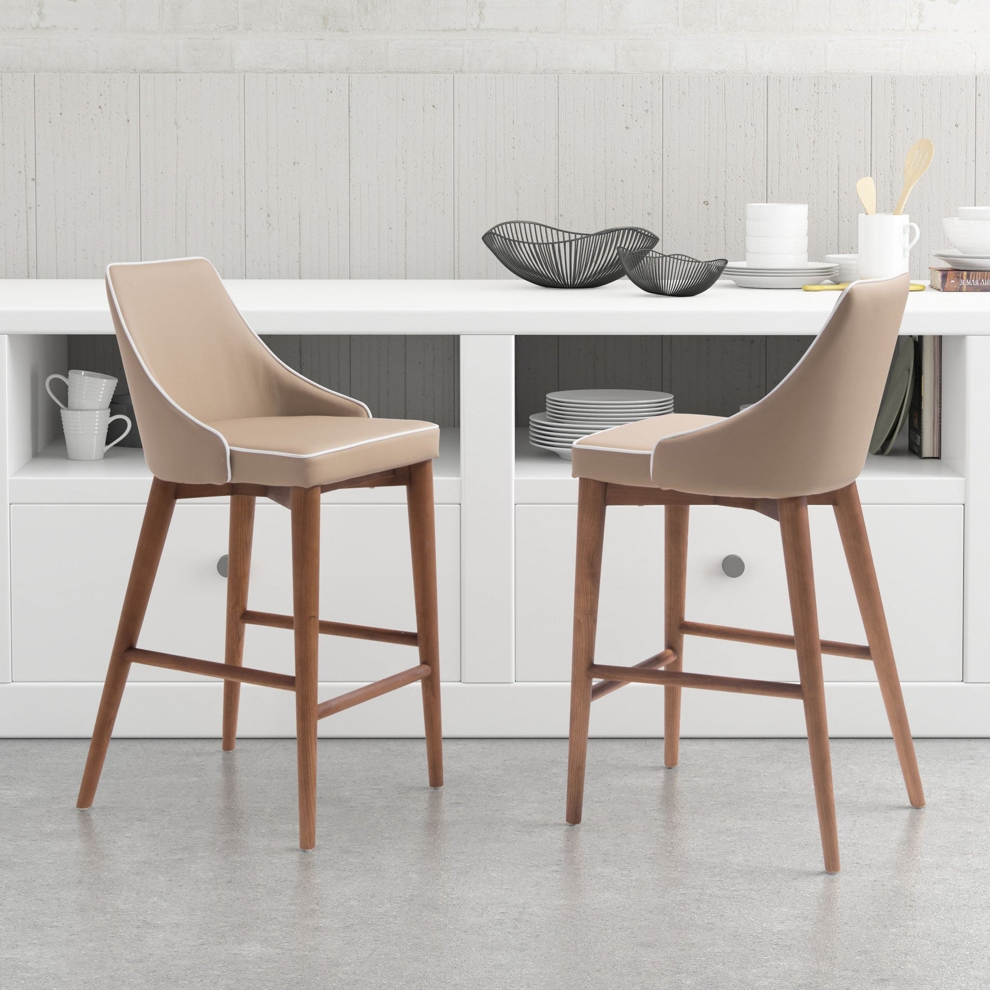 HomeRoots 26" Beige Low Back Counter Height Bar Chair With Brown Solid Wood Base
