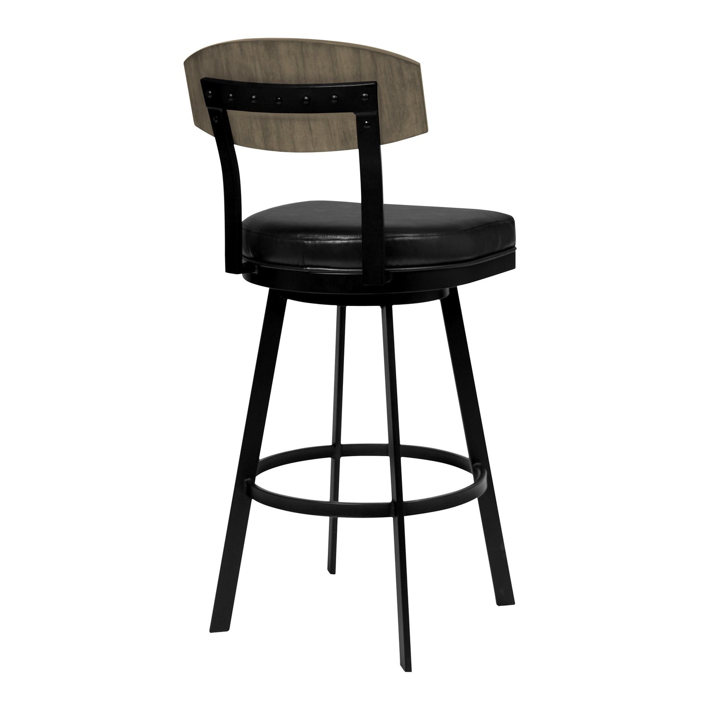HomeRoots 26" Black Faux Leather Black Metal and Gray Walnut Open Back Swivel Bar Stool