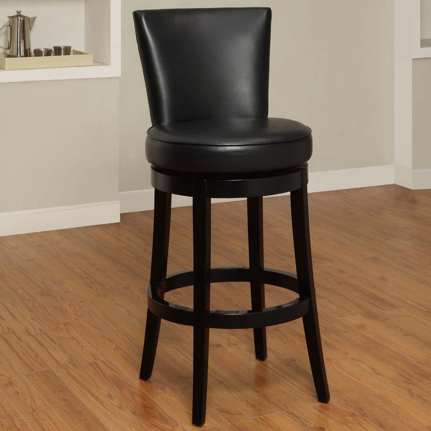 HomeRoots 26" Black Faux Leather Round Seat Black Wood Swivel Armless Bar Stool