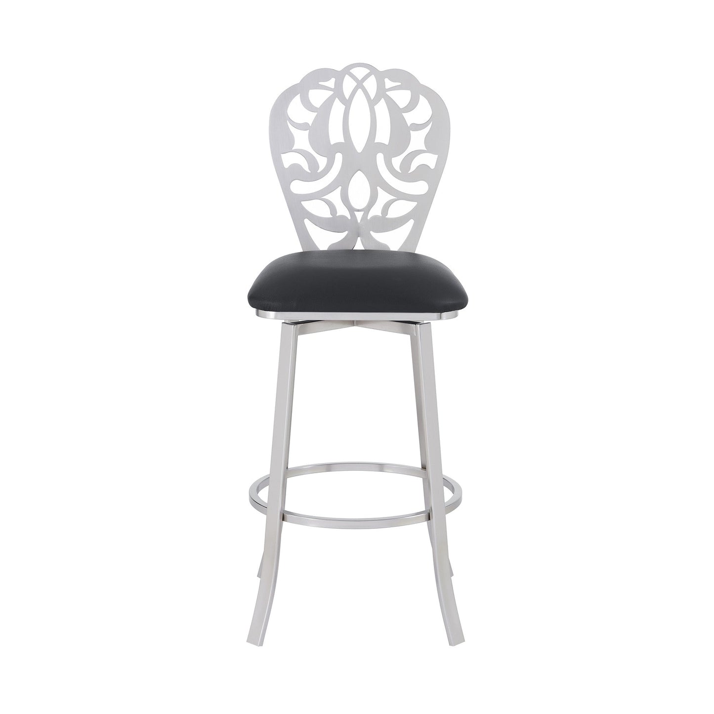 HomeRoots 26" Black Faux Leather Scroll Brushed Stainless Steel Swivel Bar Stool