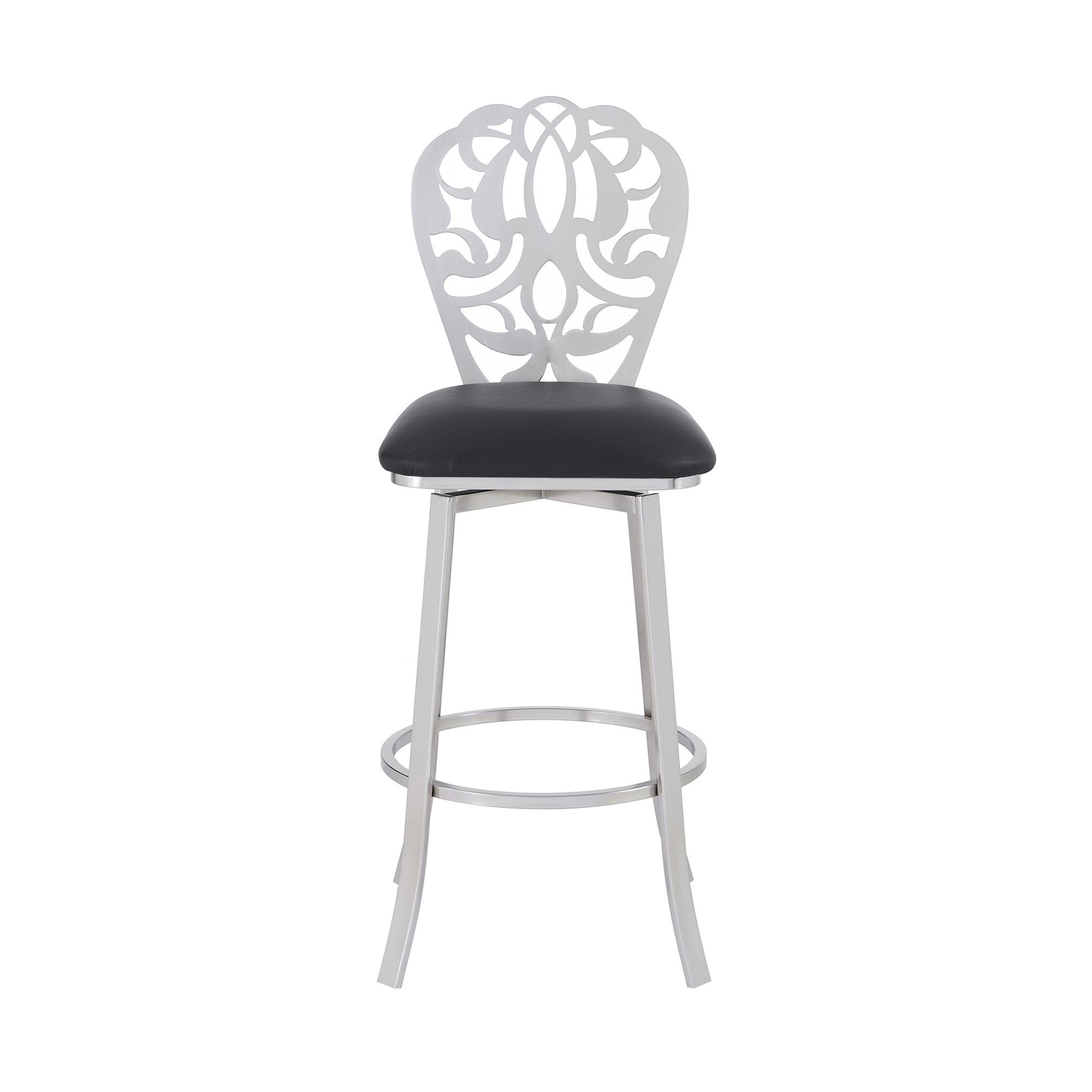 HomeRoots 26" Black Faux Leather Scroll Brushed Stainless Steel Swivel Bar Stool
