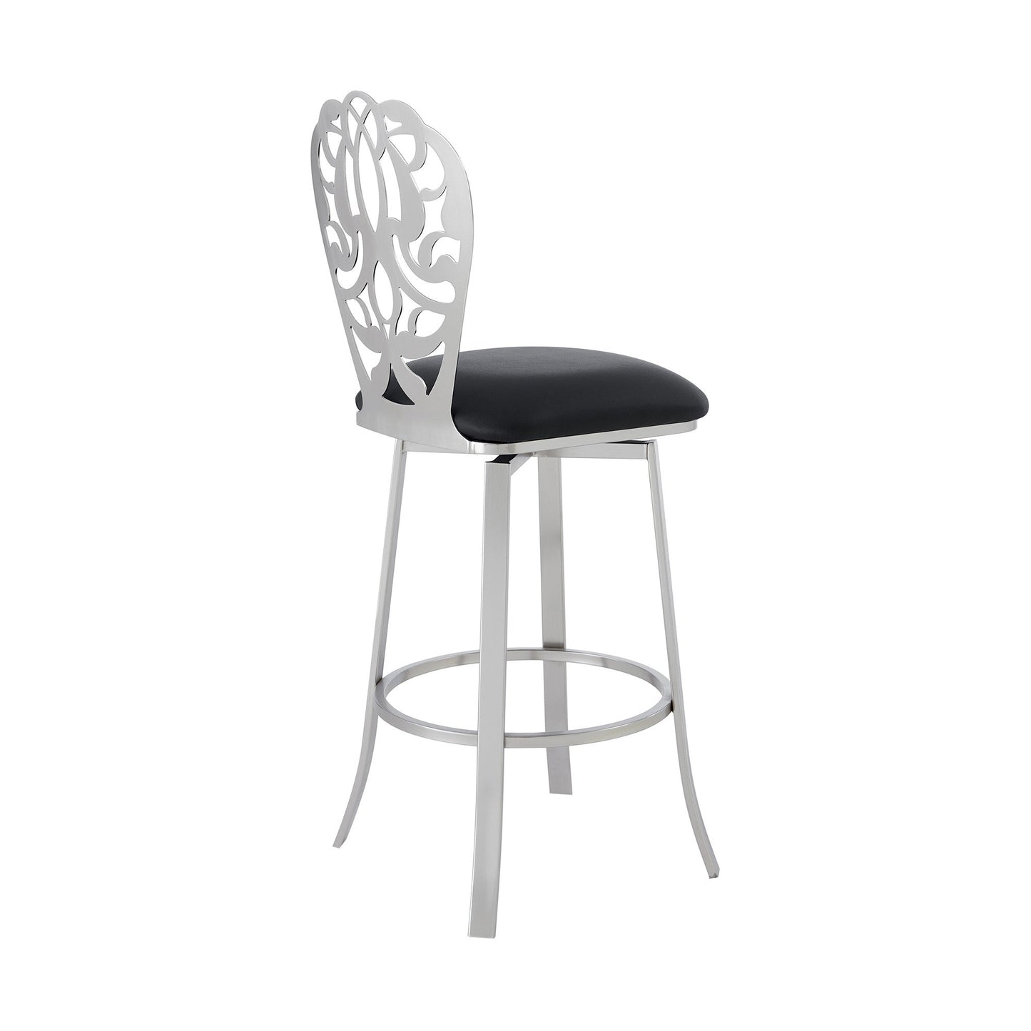 HomeRoots 26" Black Faux Leather Scroll Brushed Stainless Steel Swivel Bar Stool