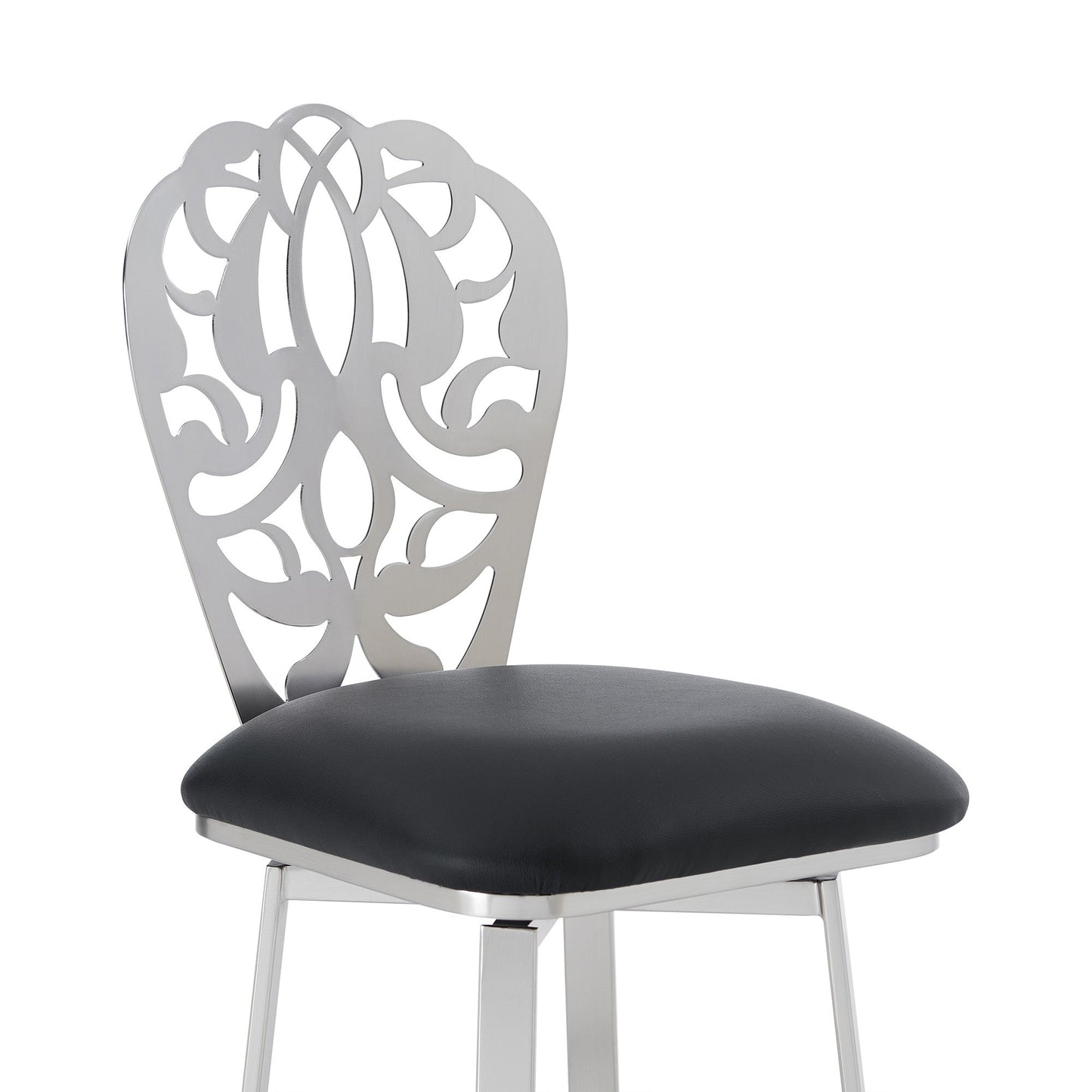 HomeRoots 26" Black Faux Leather Scroll Brushed Stainless Steel Swivel Bar Stool
