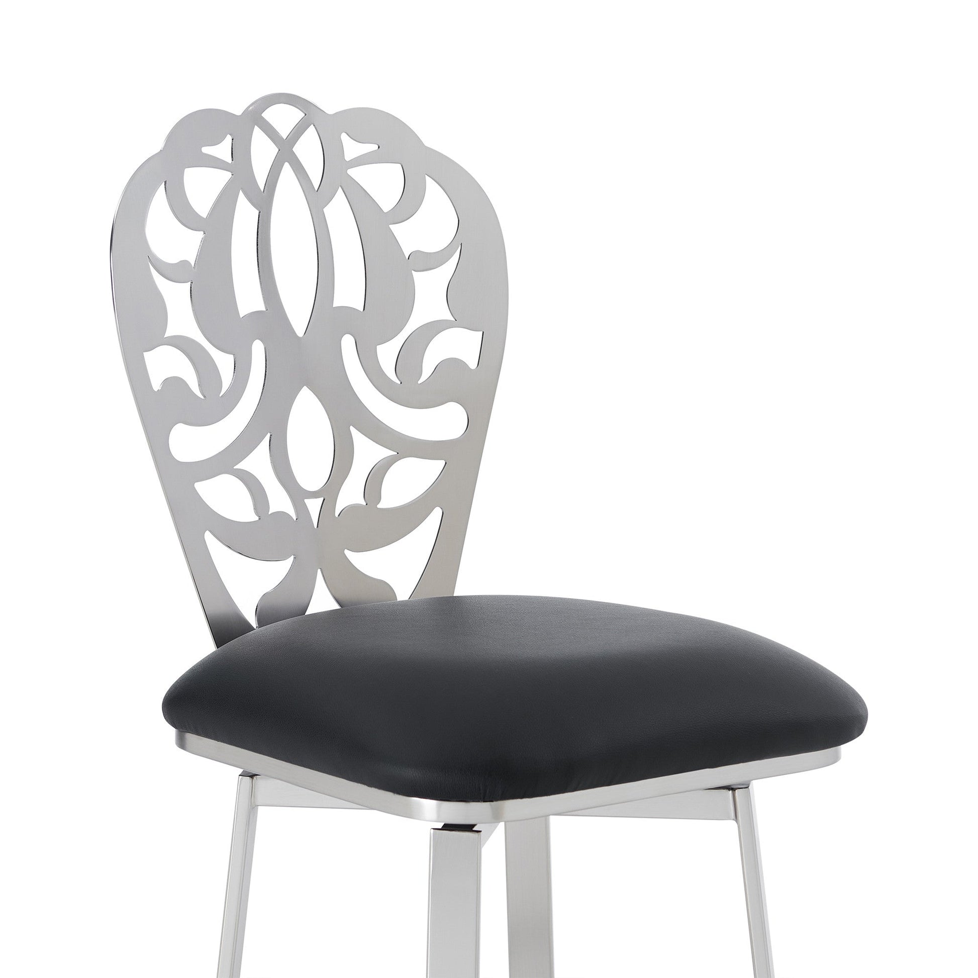 HomeRoots 26" Black Faux Leather Scroll Brushed Stainless Steel Swivel Bar Stool