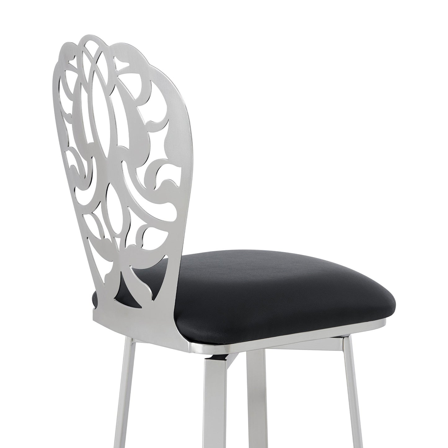 HomeRoots 26" Black Faux Leather Scroll Brushed Stainless Steel Swivel Bar Stool