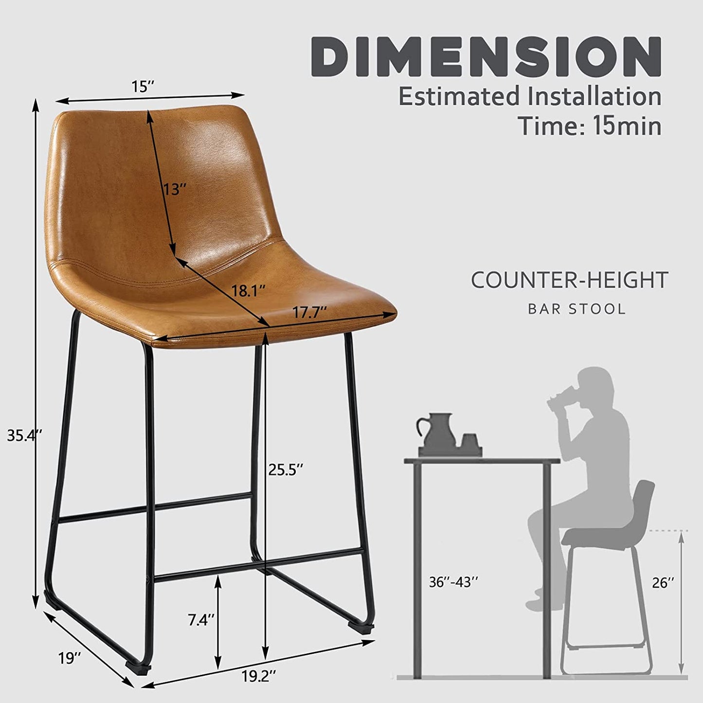 HomeRoots 26" Brown And Black Steel Low Back Counter Height Bar Chairs in Set of Four