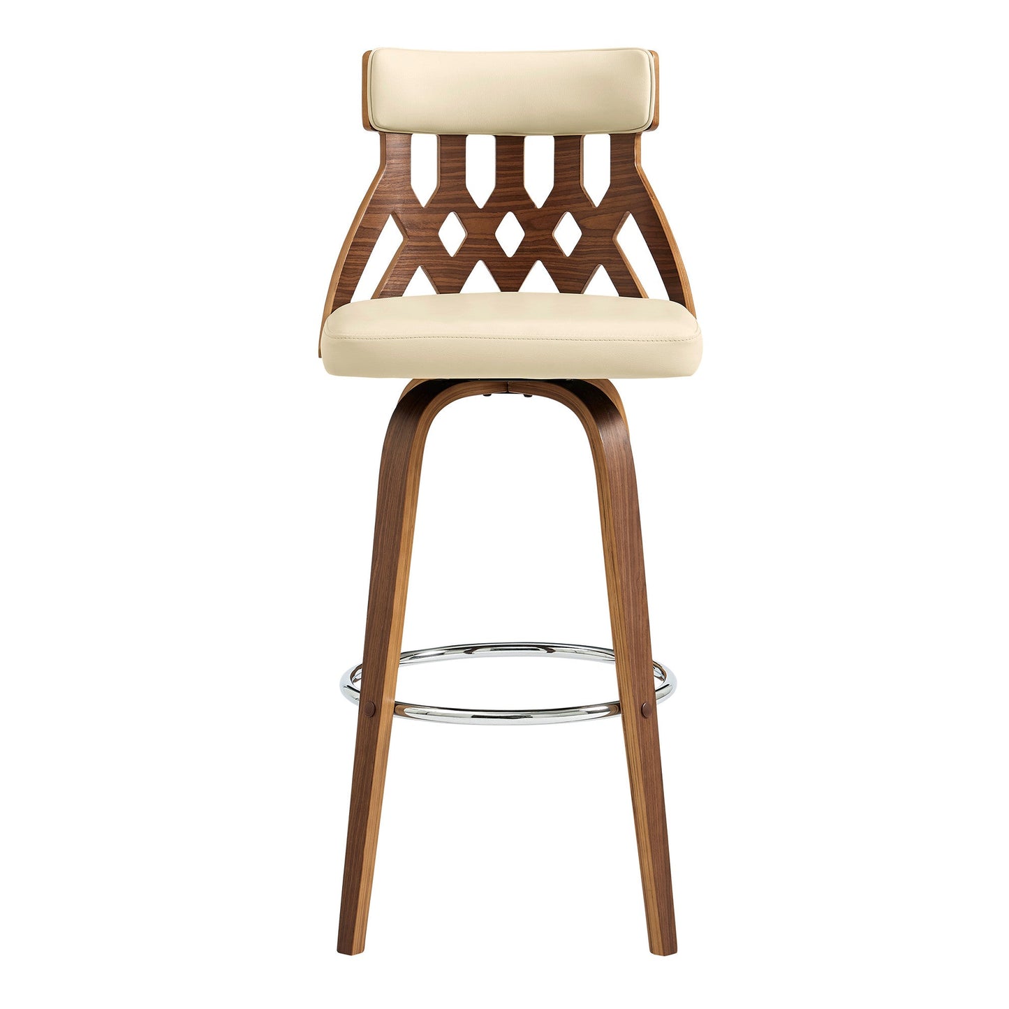 HomeRoots 26" Brown Faux Leather Curved Back Walnut Wood Swivel Bar Stool