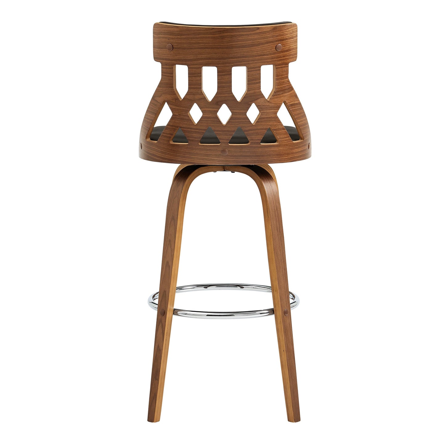 HomeRoots 26" Brown Faux Leather Curved Back Walnut Wood Swivel Bar Stool