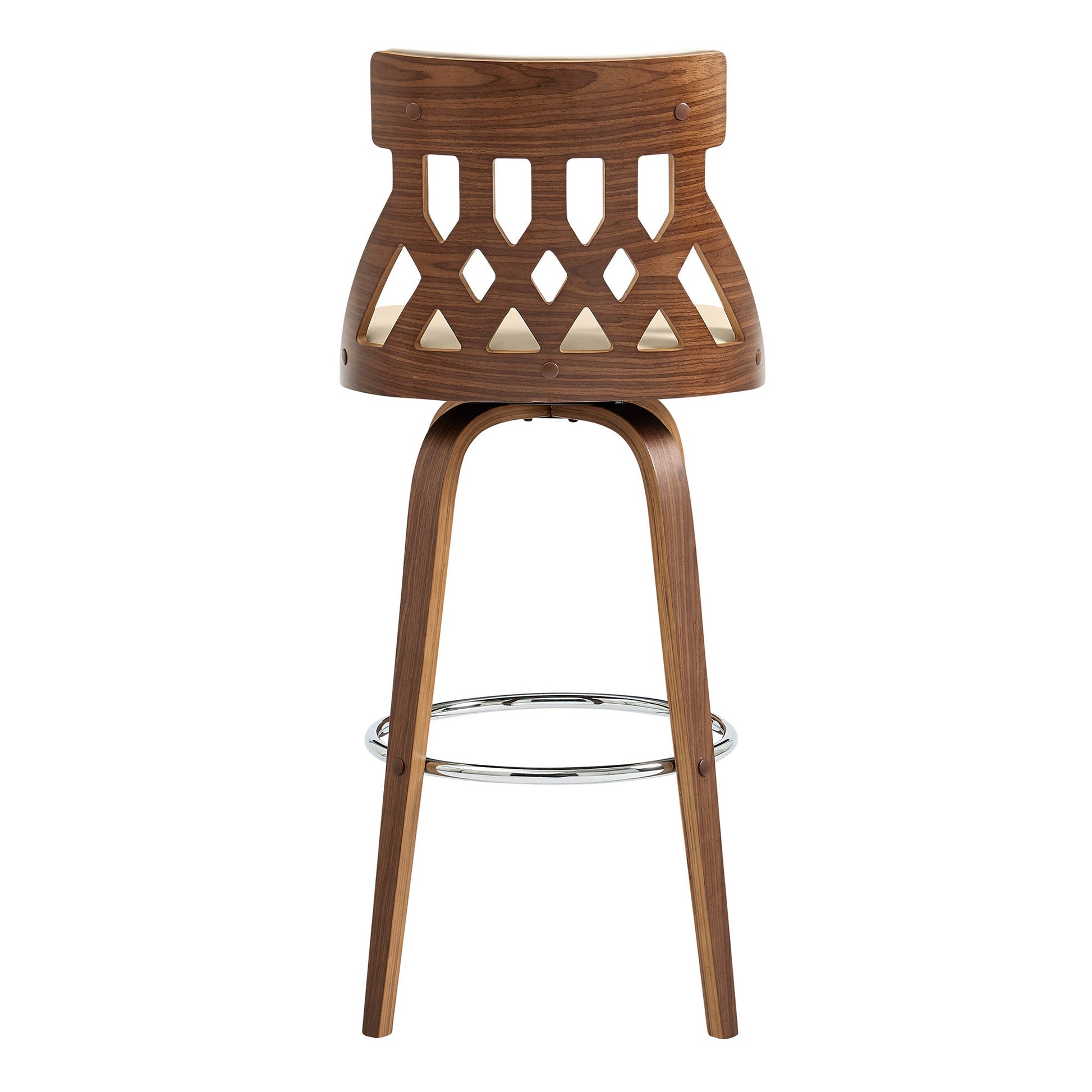 HomeRoots 26" Brown Faux Leather Curved Back Walnut Wood Swivel Bar Stool