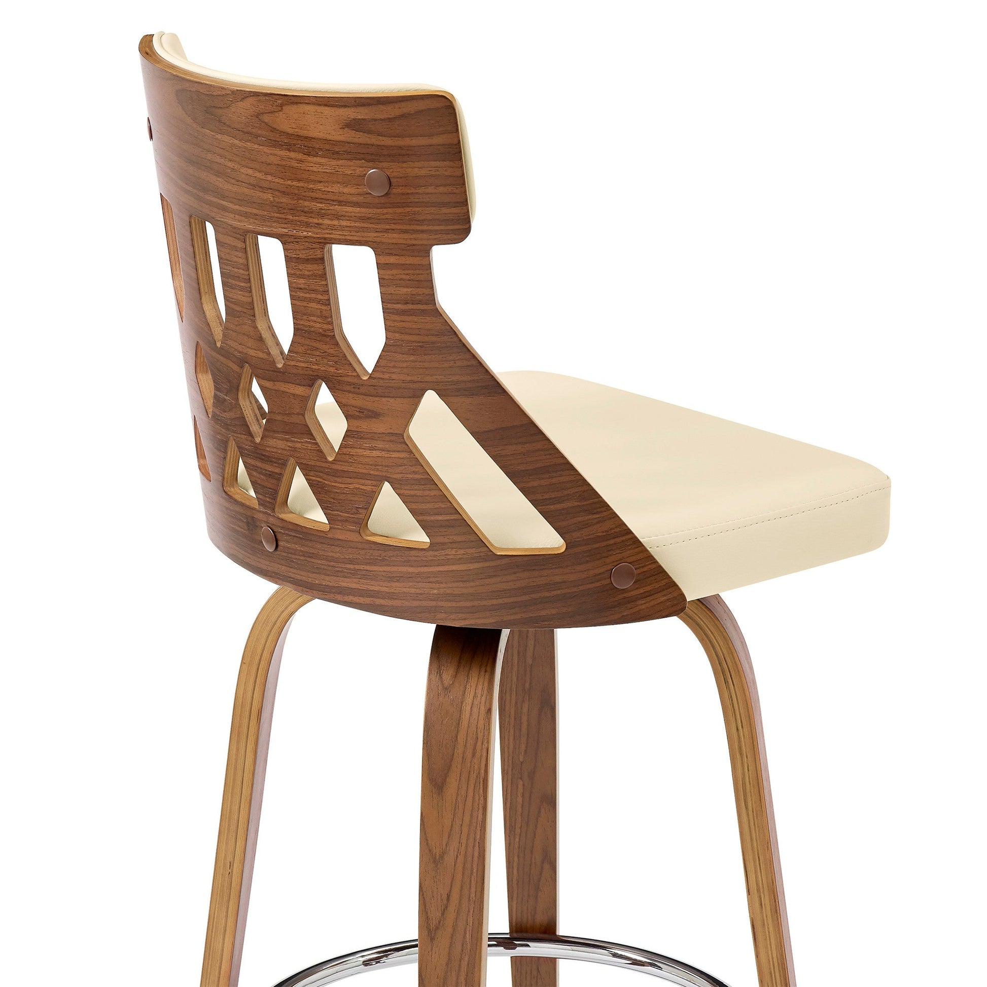 HomeRoots 26" Brown Faux Leather Curved Back Walnut Wood Swivel Bar Stool
