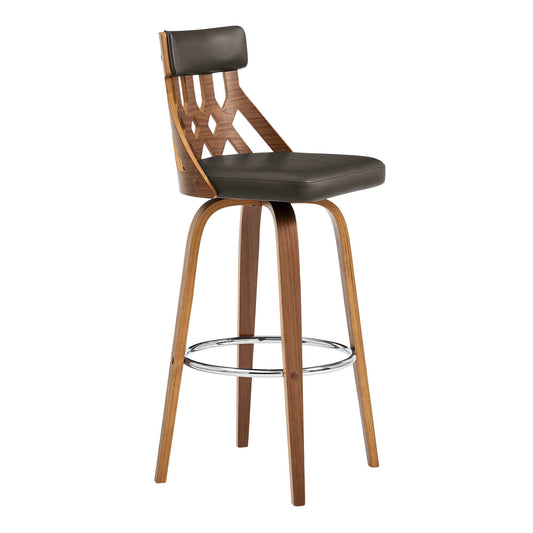 HomeRoots 26" Brown Faux Leather Curved Back Walnut Wood Swivel Bar Stool
