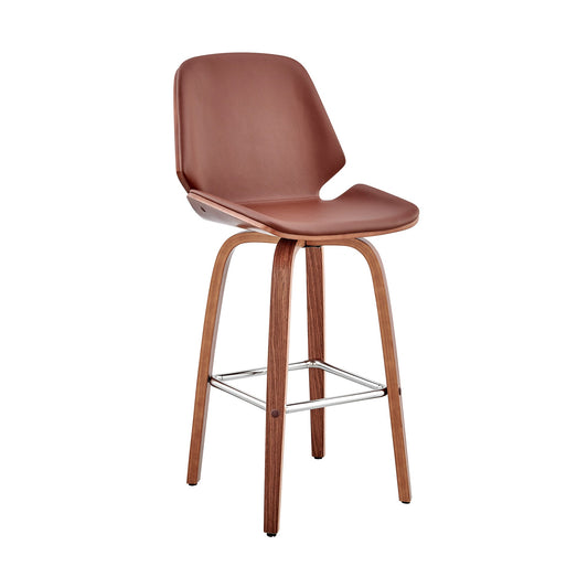 HomeRoots 26" Brown Faux Leather Swivel Seat Wooden Bar Stool