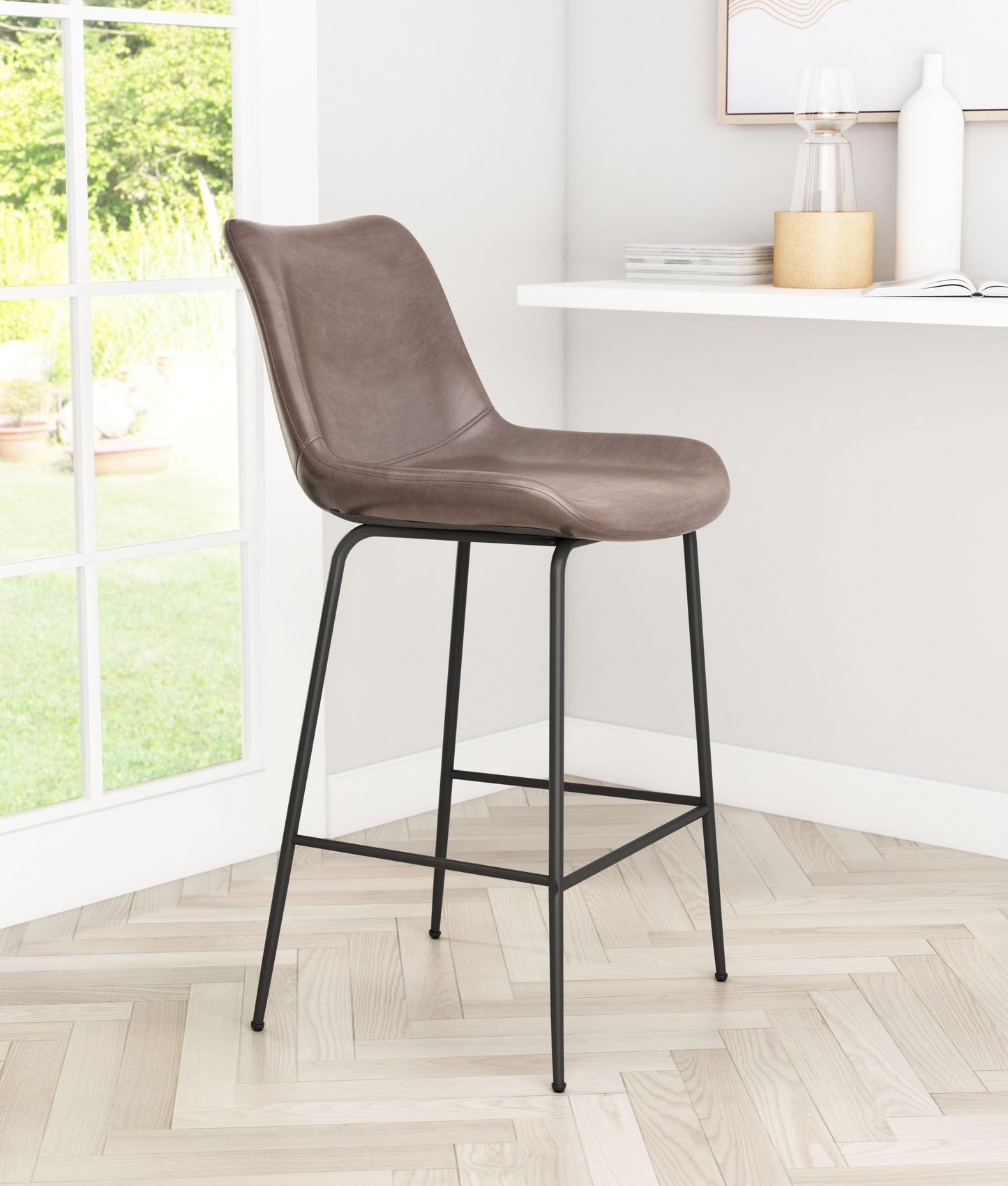 HomeRoots 26" Brown Low Back Counter Height Bar Chair With Black Steel Base