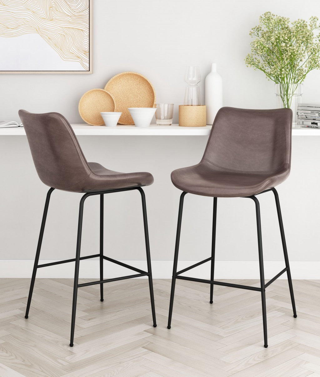 HomeRoots 26" Brown Low Back Counter Height Bar Chair With Black Steel Base