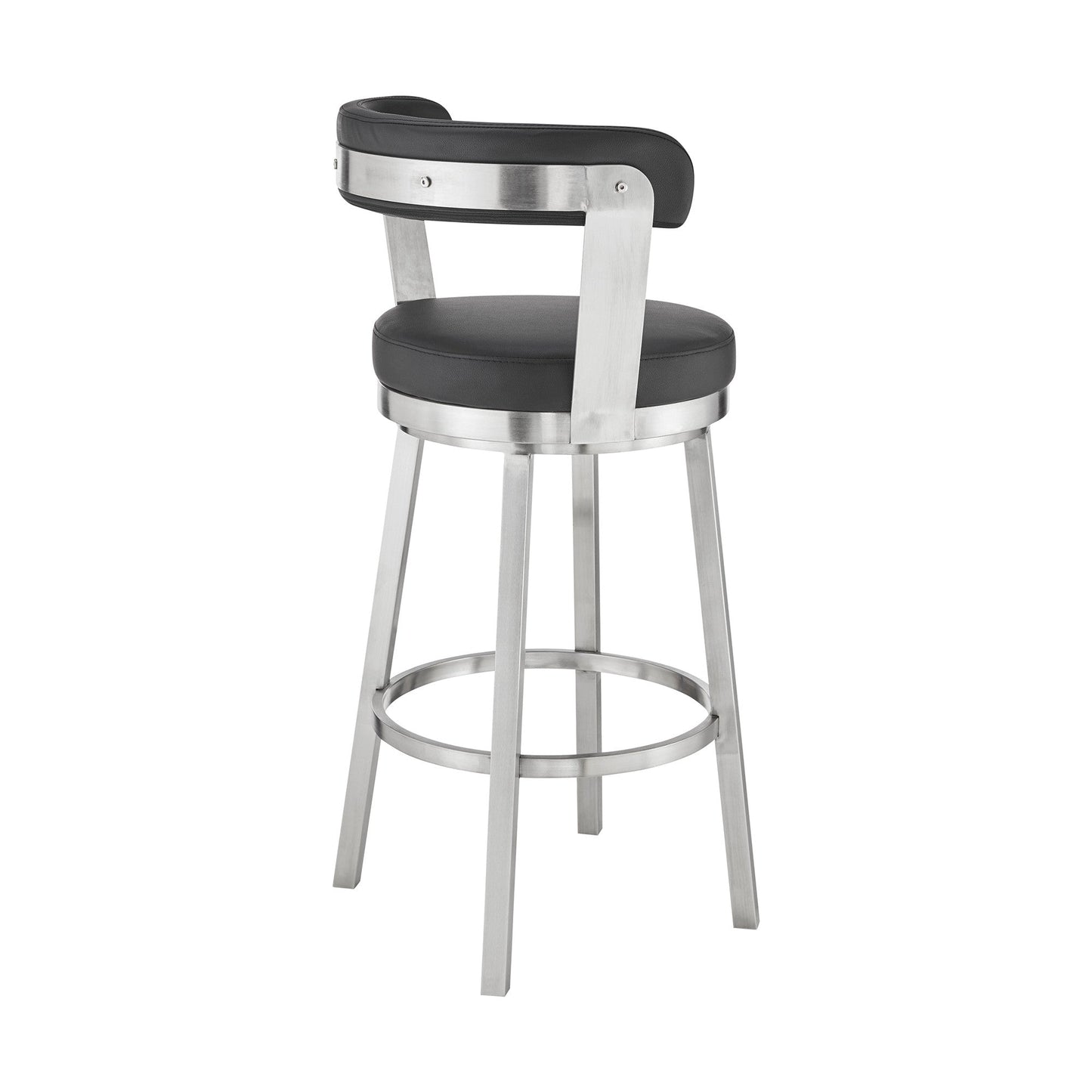 HomeRoots 26" Chic Black Faux Leather with Stainless Steel Finish Swivel Bar Stool