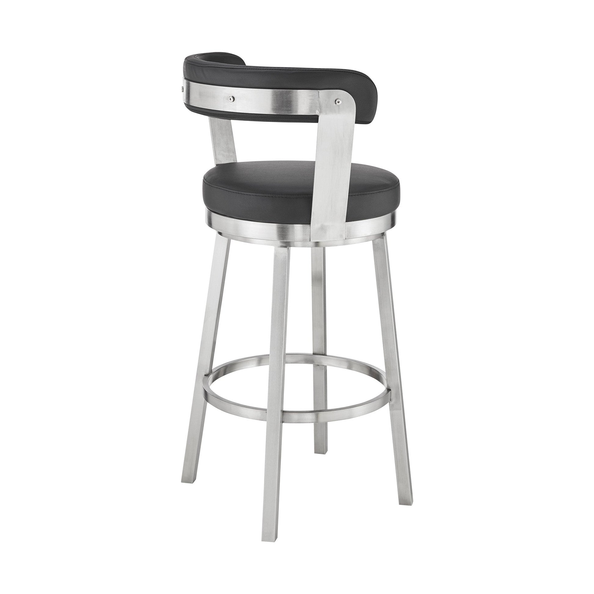 HomeRoots 26" Chic Black Faux Leather with Stainless Steel Finish Swivel Bar Stool