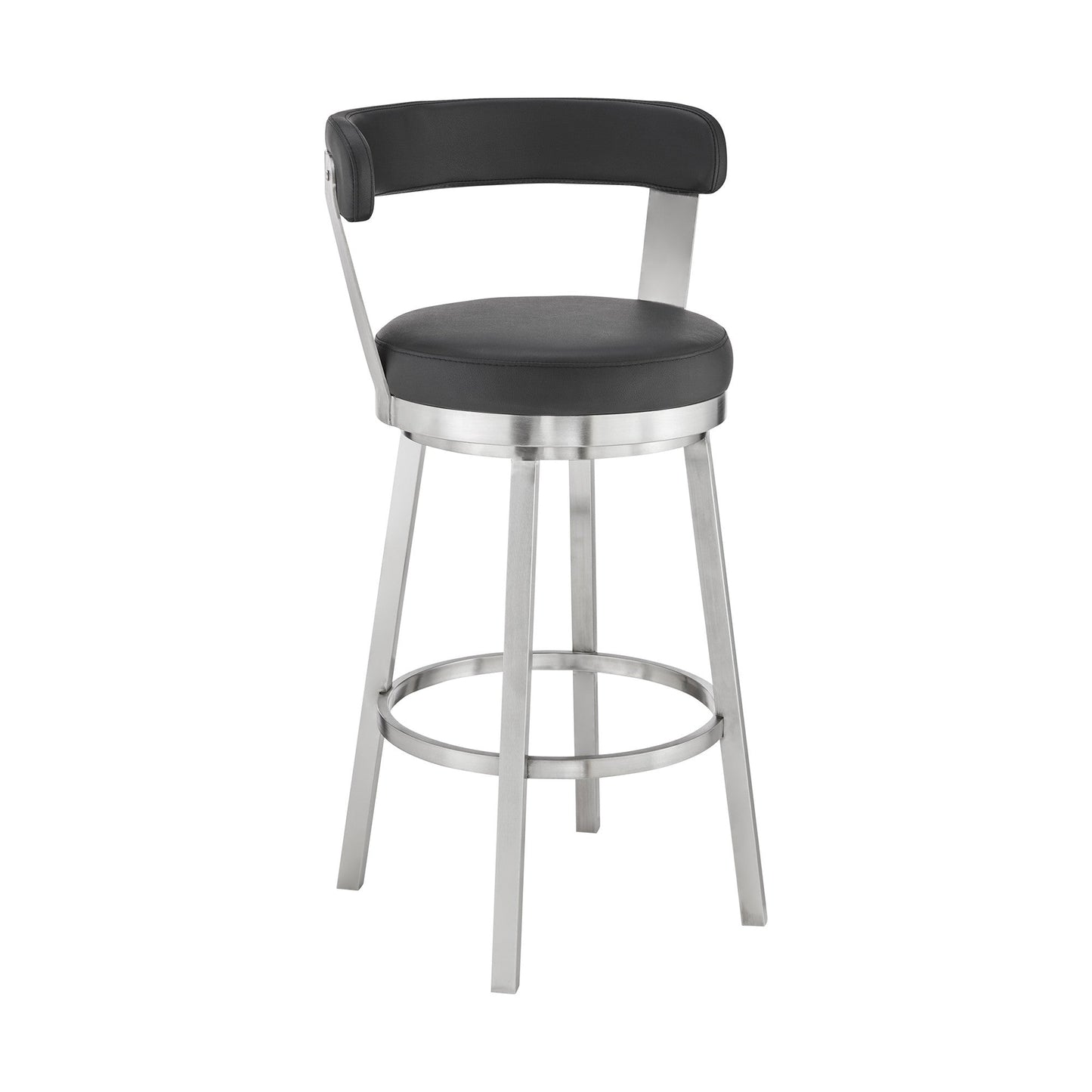 HomeRoots 26" Chic Black Faux Leather with Stainless Steel Finish Swivel Bar Stool
