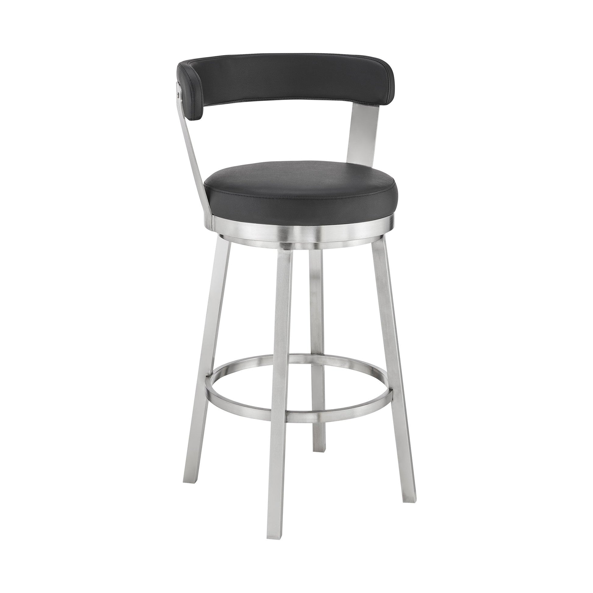 HomeRoots 26" Chic Black Faux Leather with Stainless Steel Finish Swivel Bar Stool