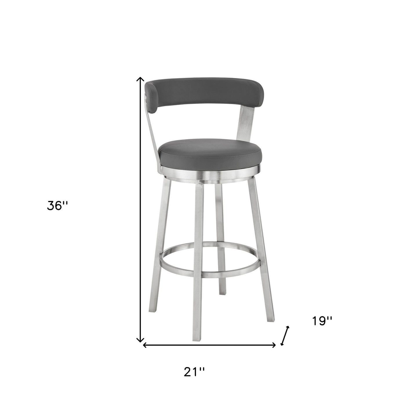 HomeRoots 26" Chic Grey Faux Leather Swivel Bar Stool With Stainless Steel Finish