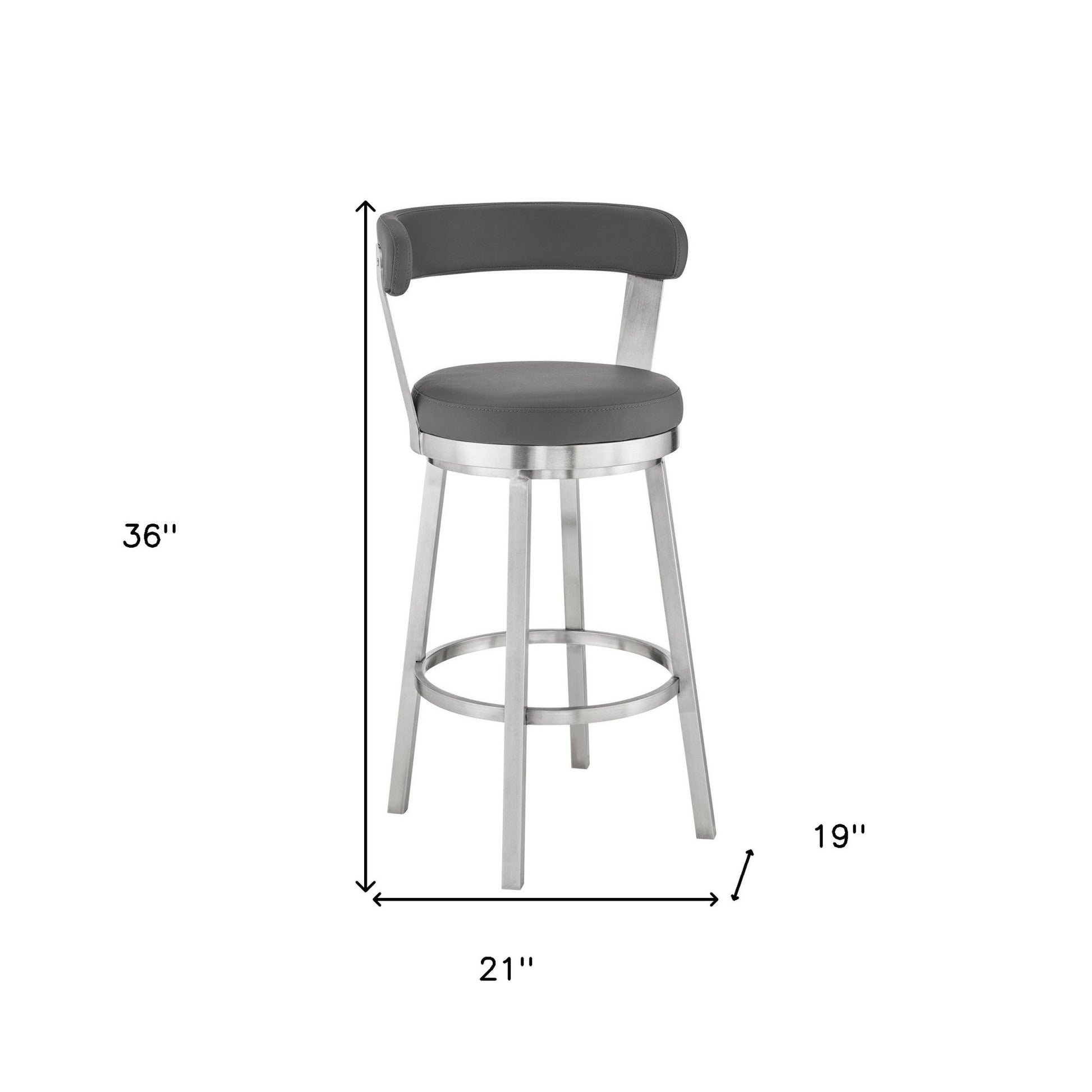 HomeRoots 26" Chic Grey Faux Leather Swivel Bar Stool With Stainless Steel Finish