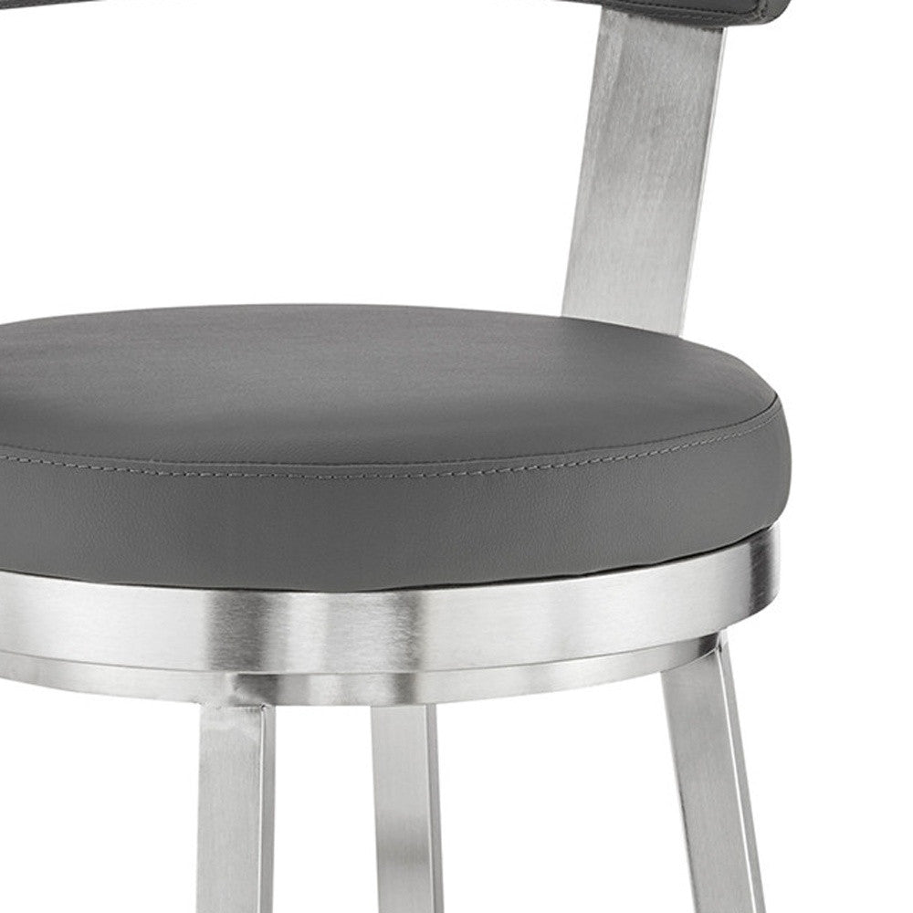 HomeRoots 26" Chic Grey Faux Leather Swivel Bar Stool With Stainless Steel Finish