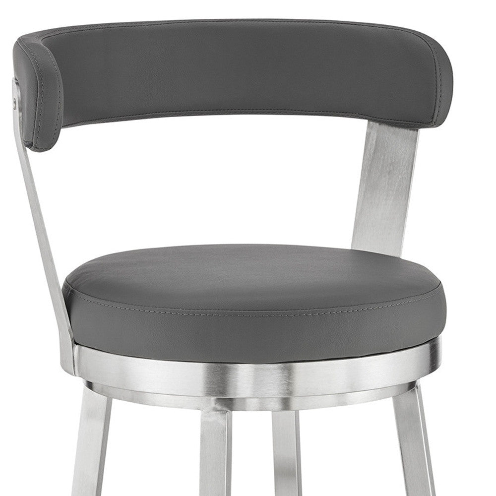 HomeRoots 26" Chic Grey Faux Leather Swivel Bar Stool With Stainless Steel Finish