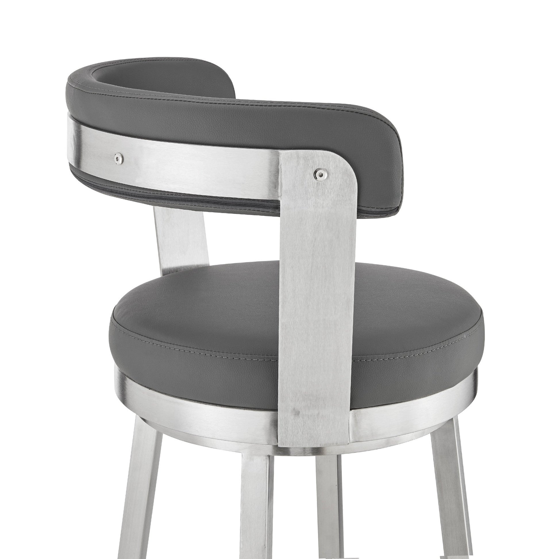 HomeRoots 26" Chic Grey Faux Leather Swivel Bar Stool With Stainless Steel Finish