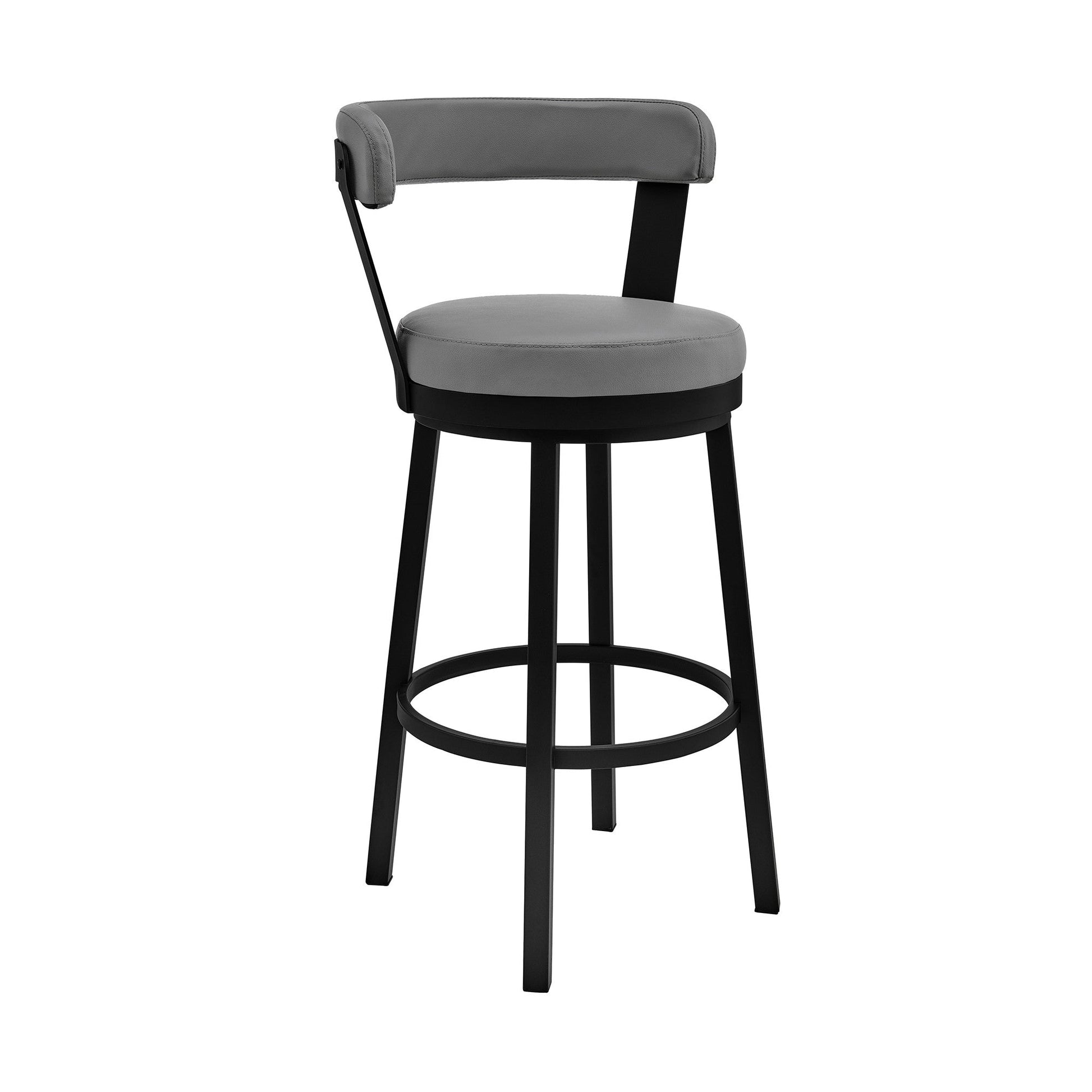 HomeRoots 26" Chic Grey Faux Leather with Black Finish Swivel Bar Stool