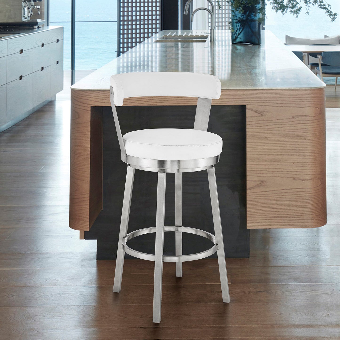 HomeRoots 26" Chic White Faux Leather with Stainless Steel Finish Swivel Bar Stool
