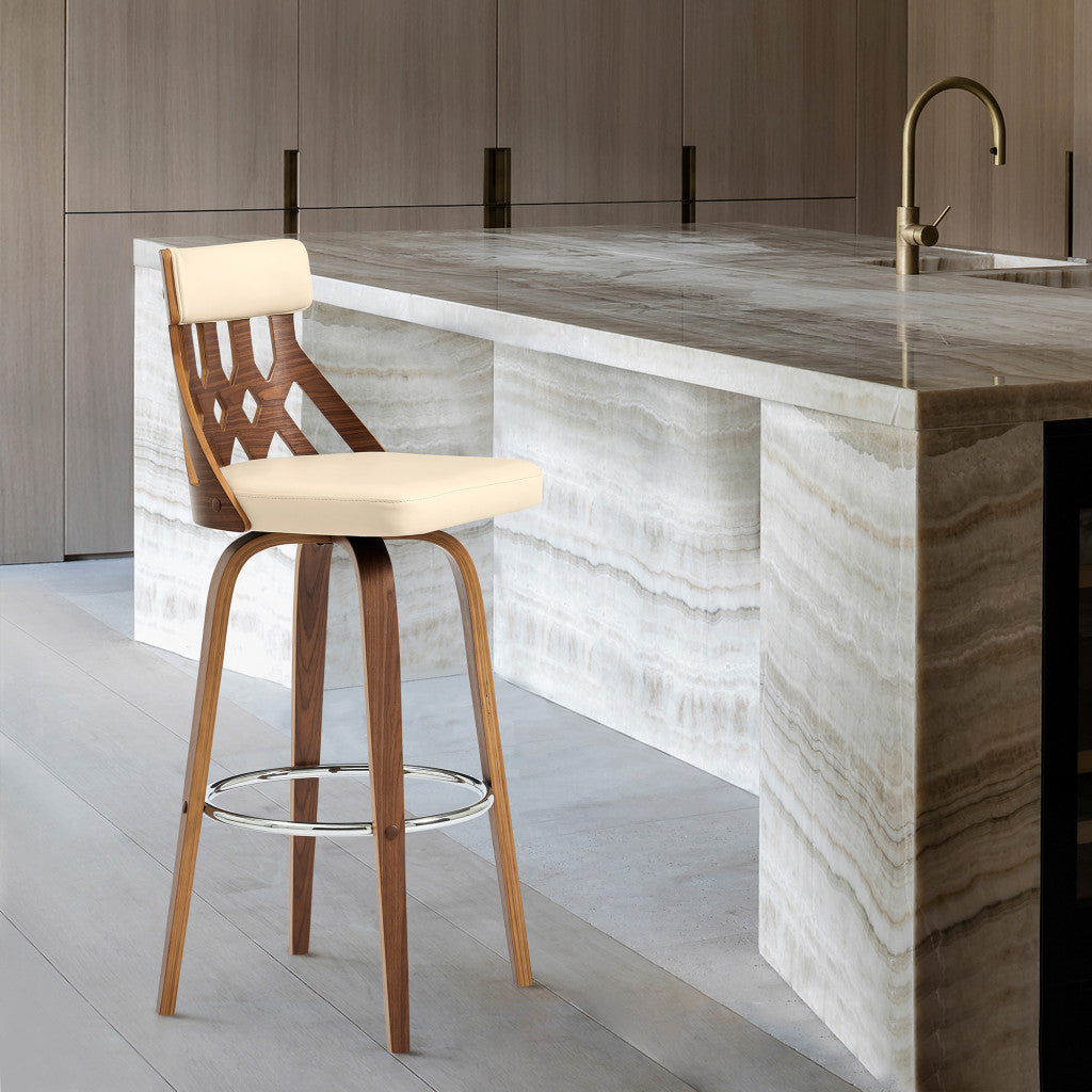 HomeRoots 26" Cream Faux Leather Curved Back Walnut Wood Swivel Bar Stool