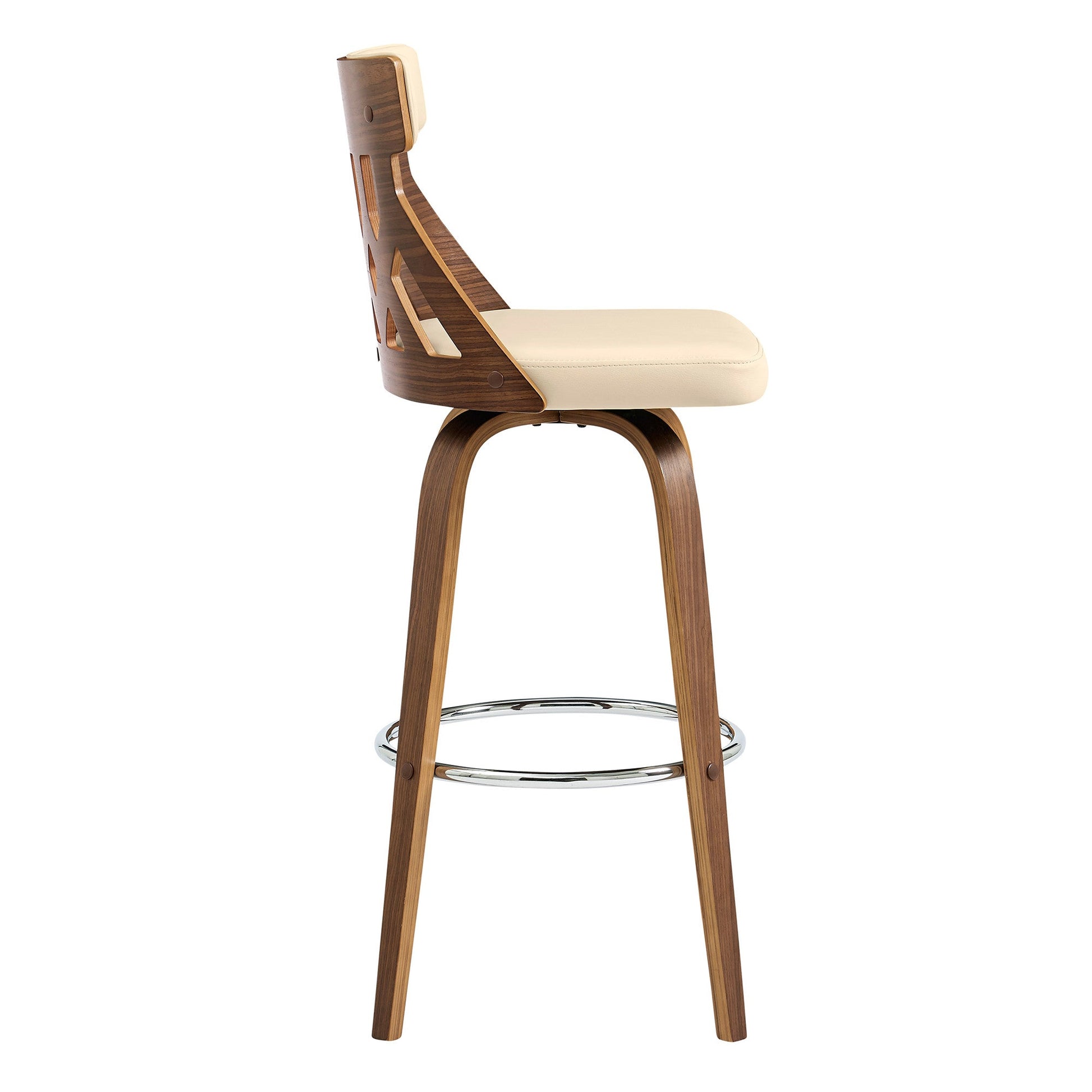 HomeRoots 26" Cream Faux Leather Curved Back Walnut Wood Swivel Bar Stool