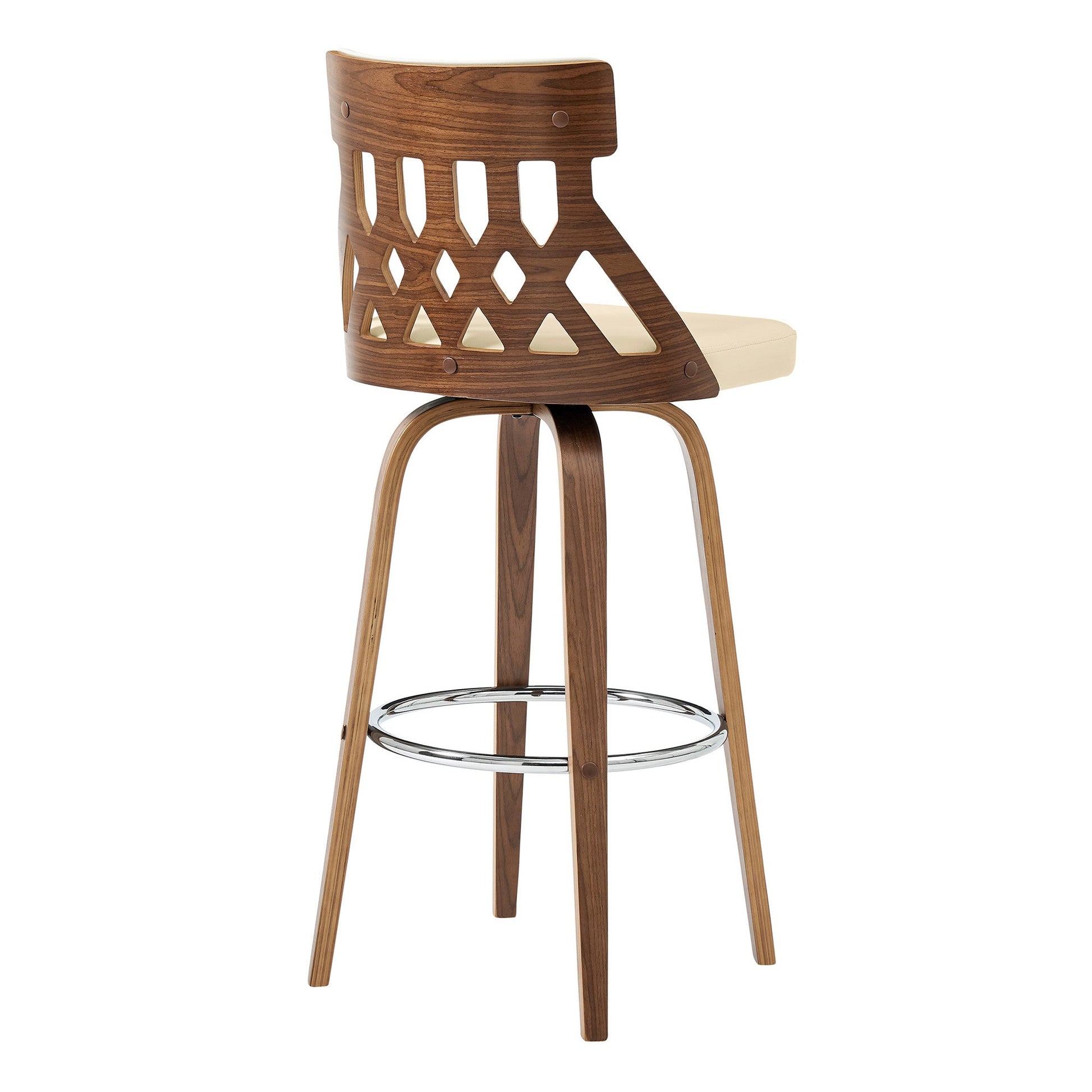 HomeRoots 26" Cream Faux Leather Curved Back Walnut Wood Swivel Bar Stool