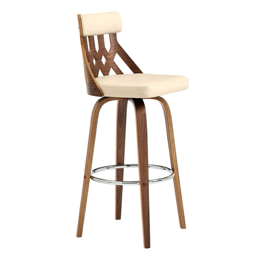 HomeRoots 26" Cream Faux Leather Curved Back Walnut Wood Swivel Bar Stool