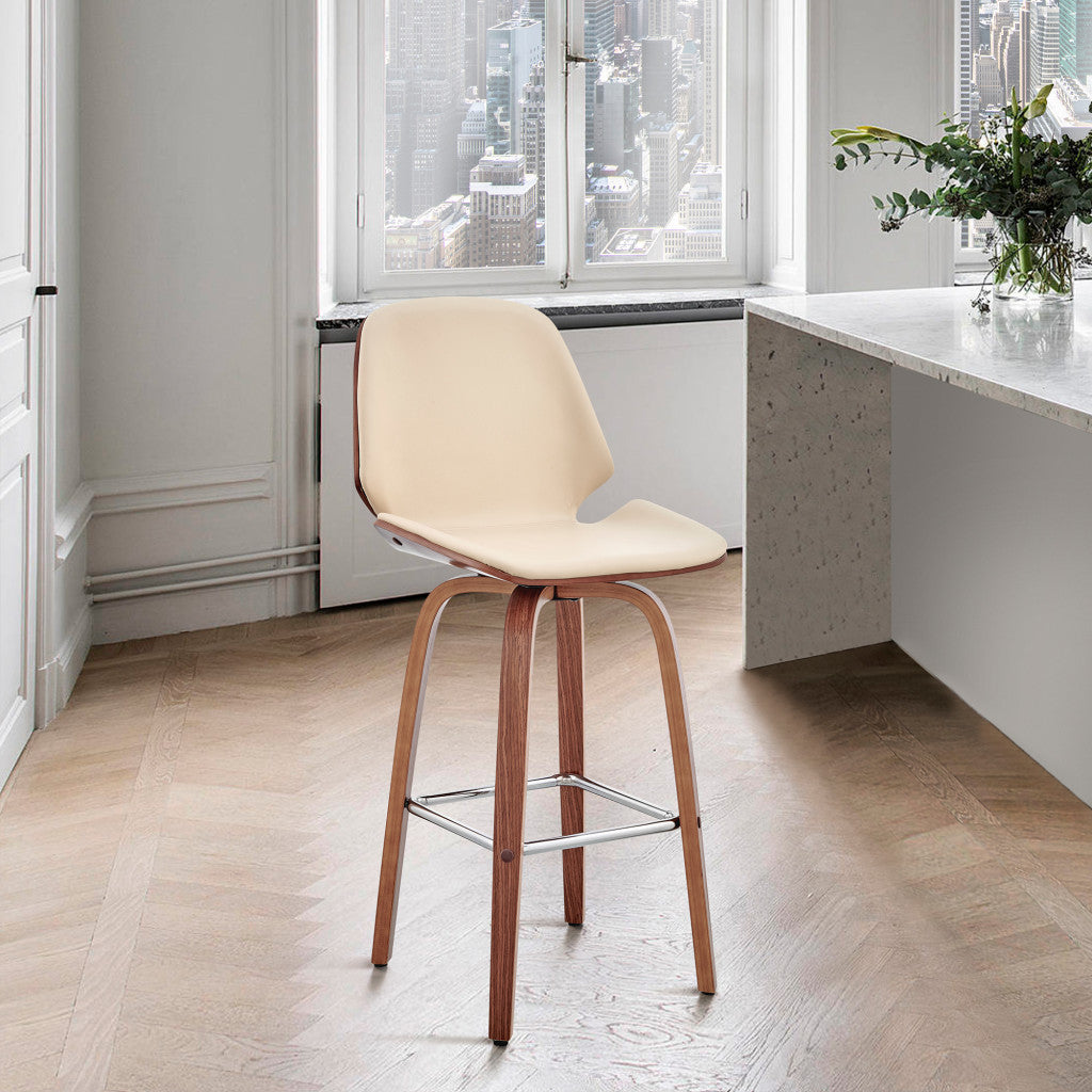 HomeRoots 26" Cream Faux Leather Swivel Seat Wooden Bar Stool