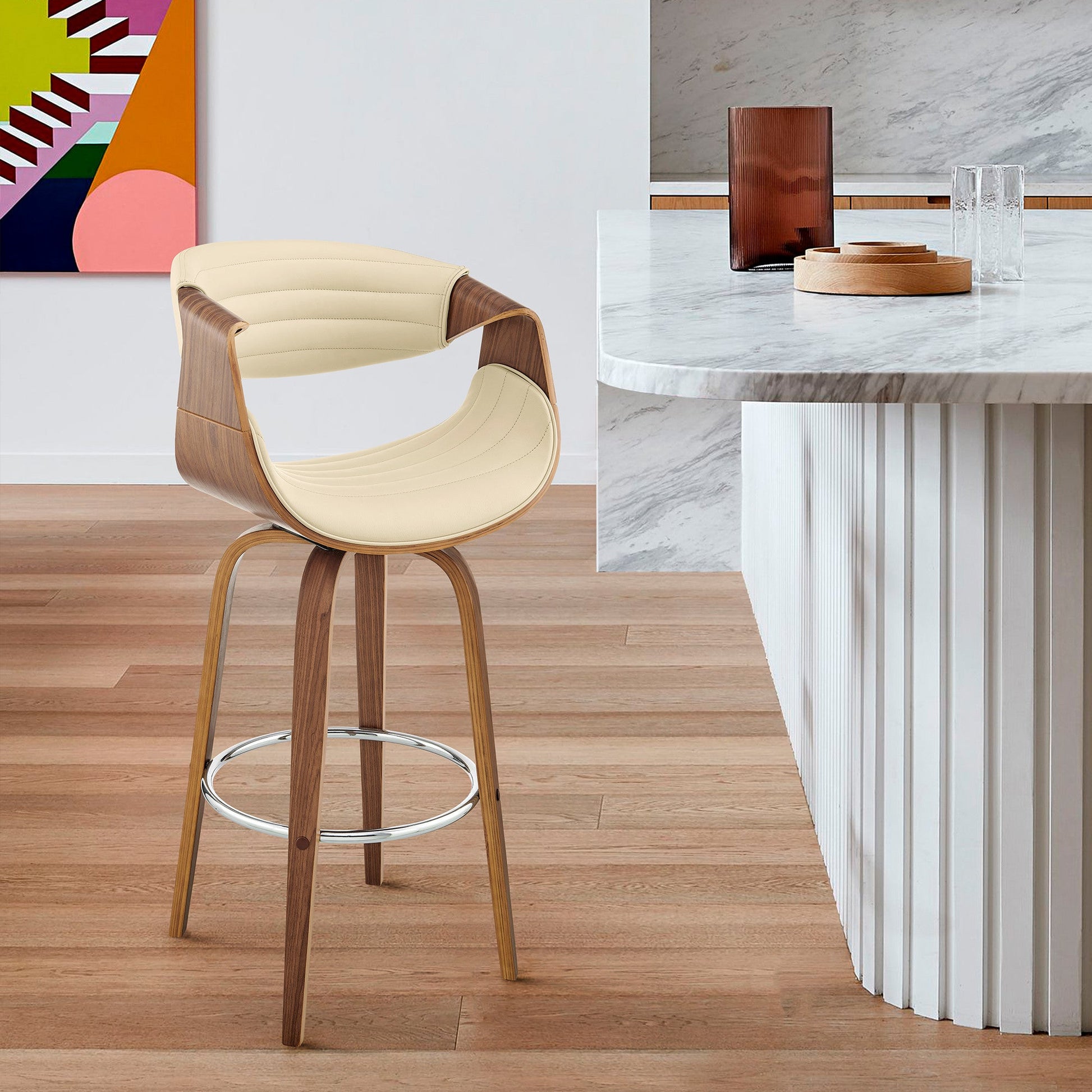 HomeRoots 26" Cream Faux Leather and Walnut Wood Retro Chic Swivel Counter Stool