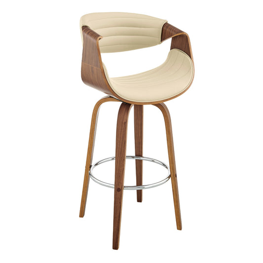 HomeRoots 26" Cream Faux Leather and Walnut Wood Retro Chic Swivel Counter Stool