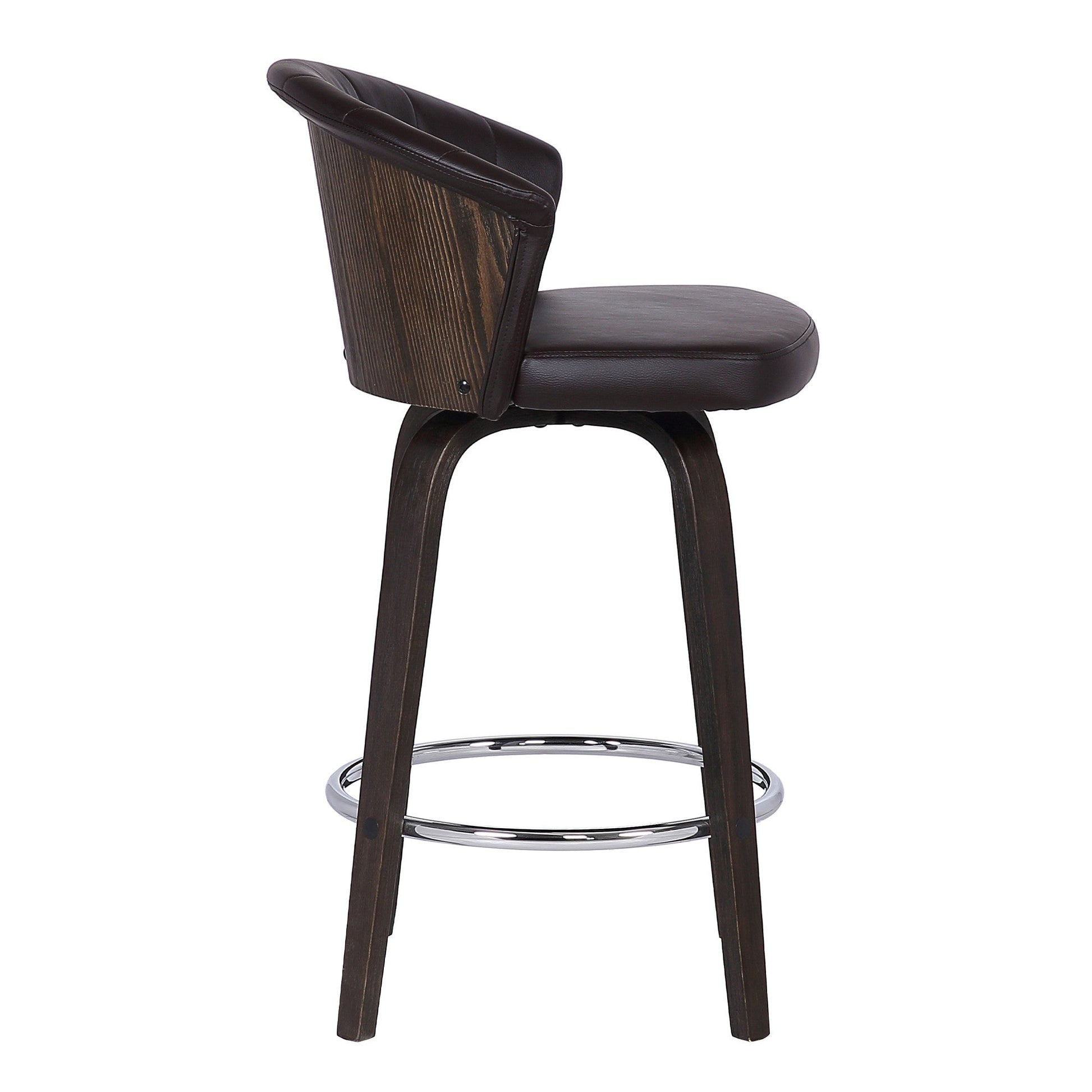 HomeRoots 26" Dark Brown Faux Leather and Rustic Wood Back Swivel Bar Stool