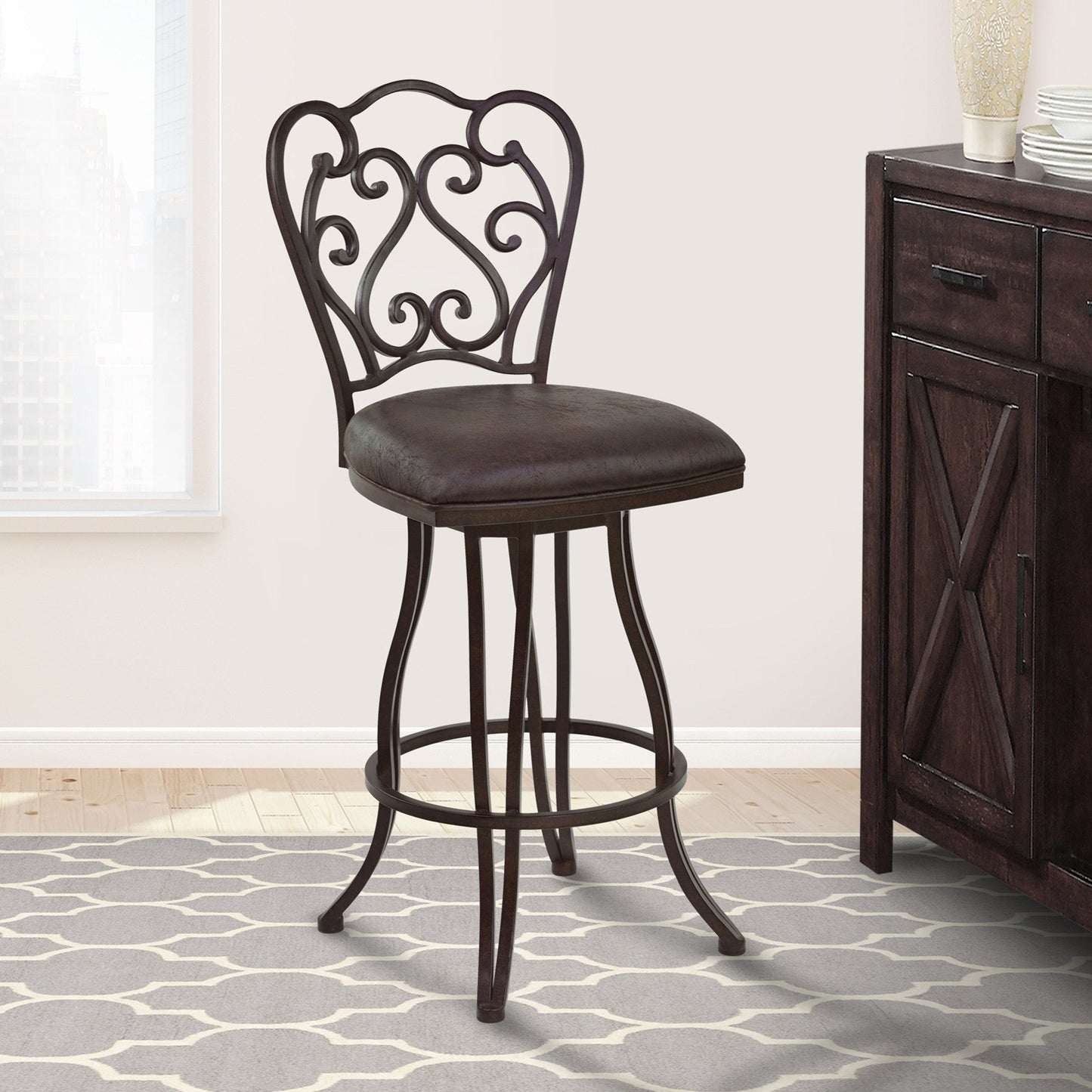 HomeRoots 26" Dark Espresso Scroll Back Metal Swivel Bar Stool